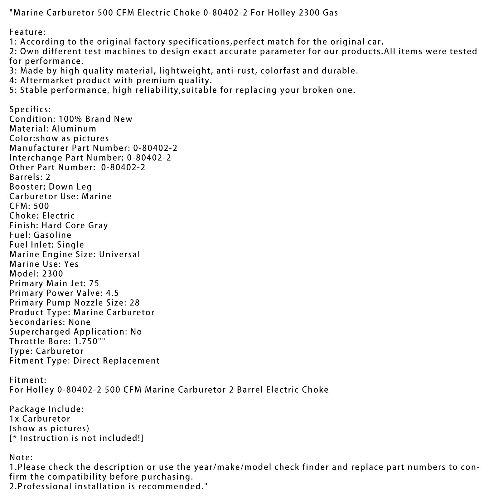 Marine Carburetor 500 CFM Electric Choke 0-80402-2 For Holley 2300 Gas