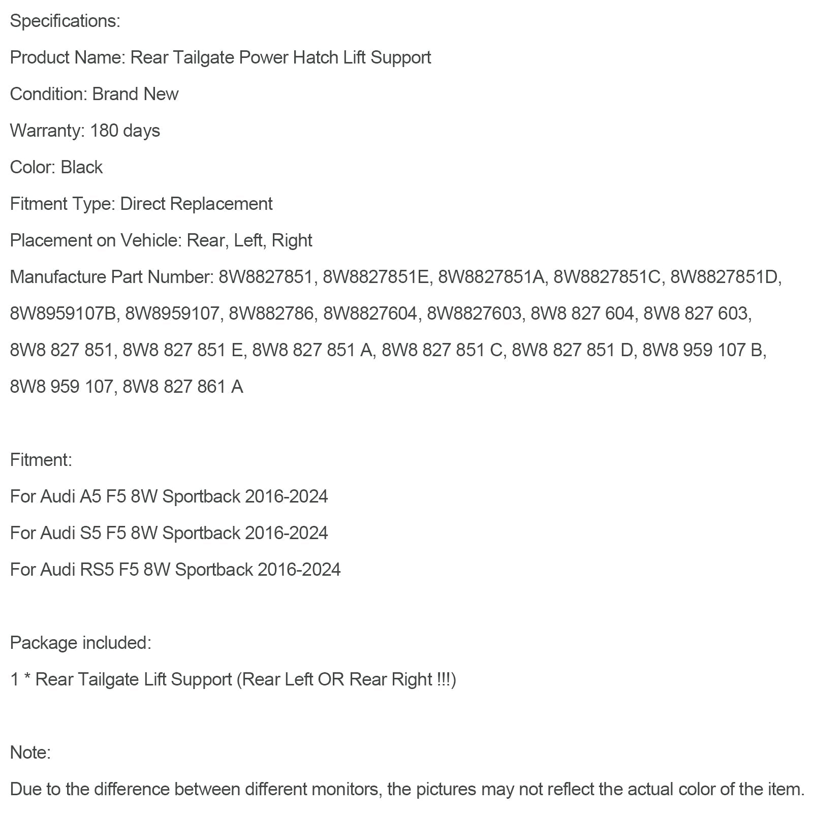 2016-2024 Audi A5 F5 8W Sportback 1PCS Electric Tailgate Lift 8W8827851 8W8959107