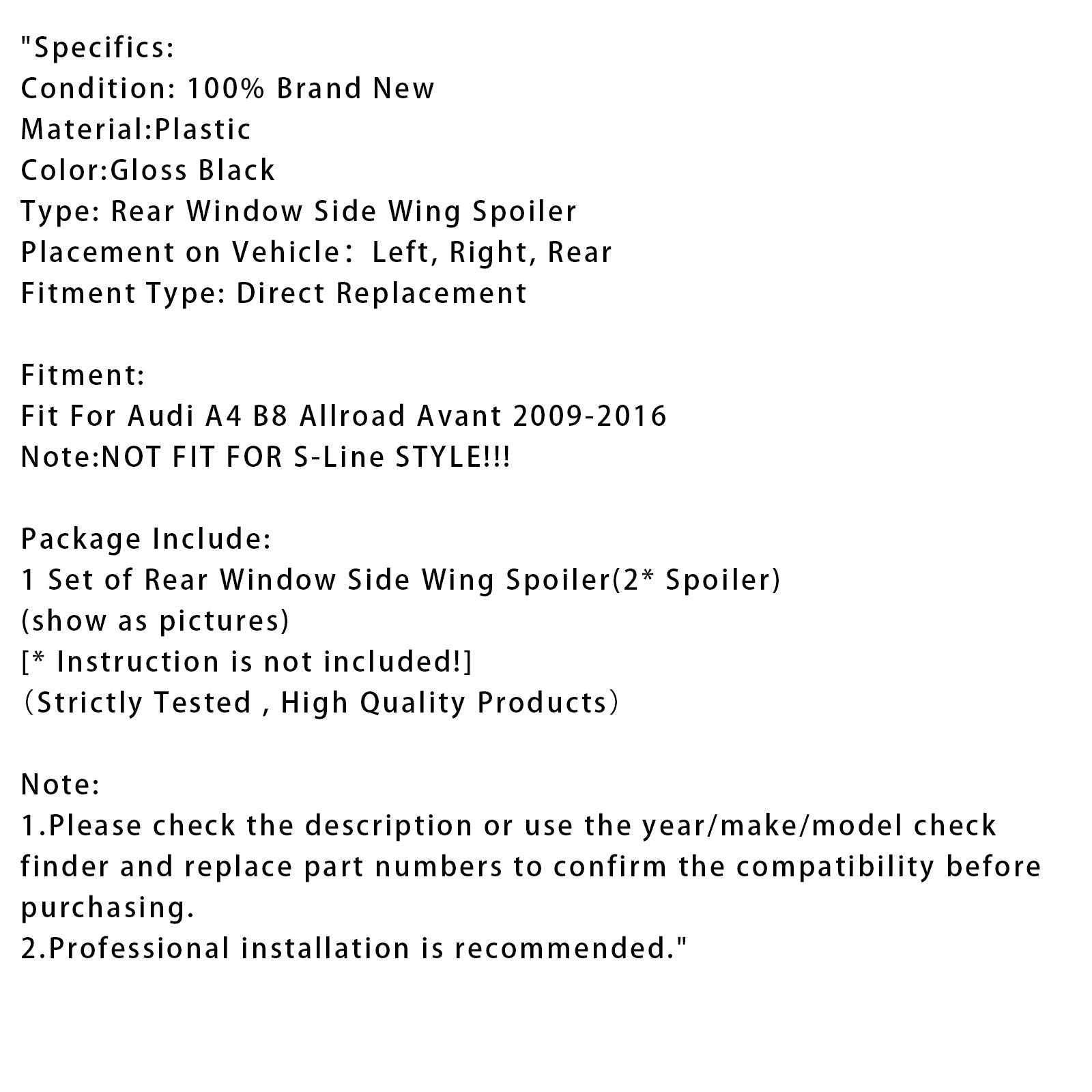 2009-2016 Audi A4 B8 Avant Gloss Black Pair Rear Window Side Wing Spoiler