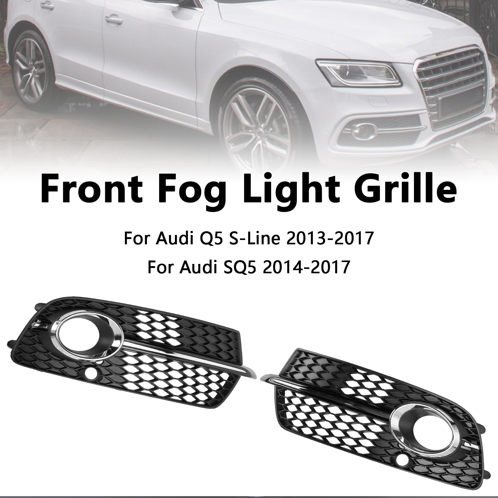 Front Bumper Fog Light Grille Fit Audi Q5 S-Line SQ5 2013-2017 Black Chrome