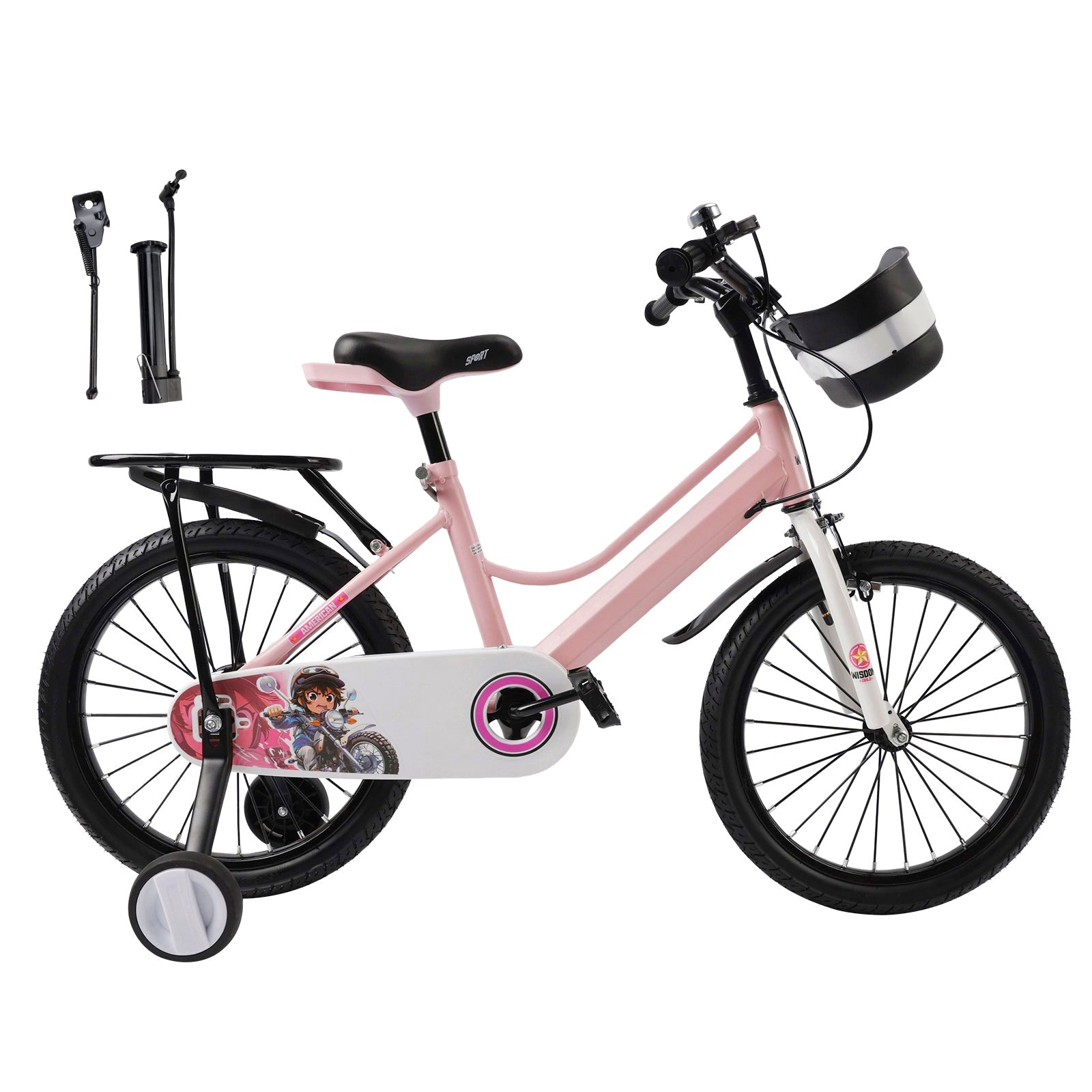 18" Kids Bike for Boys and Girls with auxiliary wheels & Rack Pink