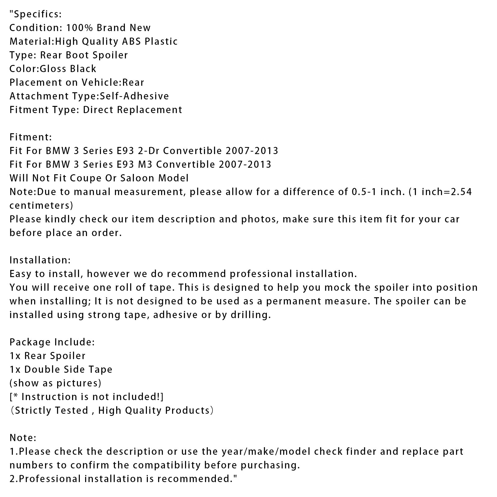 2007-2013  BMW 3 Series E93 2-Dr Convertible/ M3 Convertible Gloss Black Rear Boot Spoiler For BMW 3 Series E93 Convertible