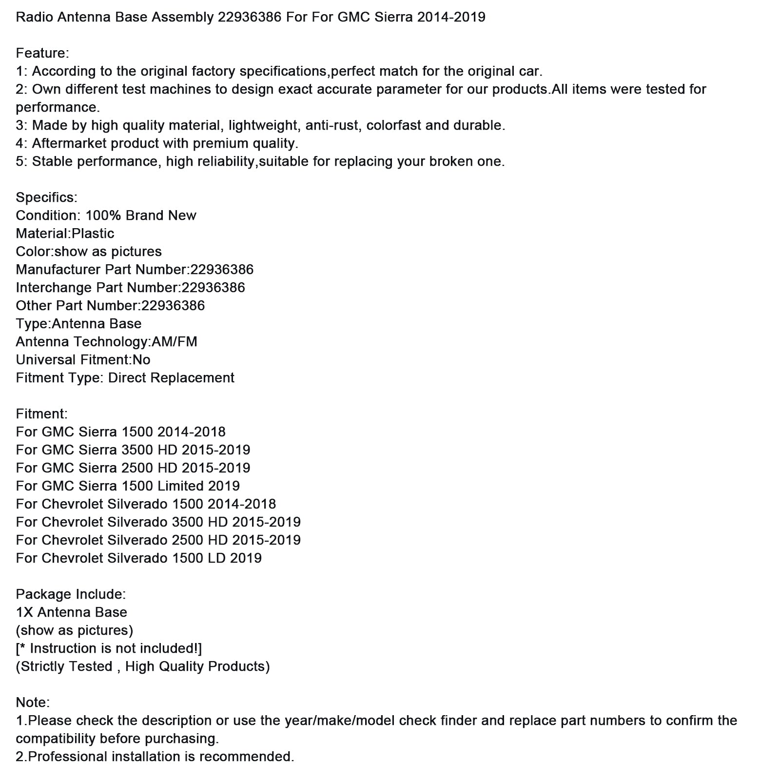 Radio Antenna Base Assembly 22936386 For GMC Sierra 2014-2019