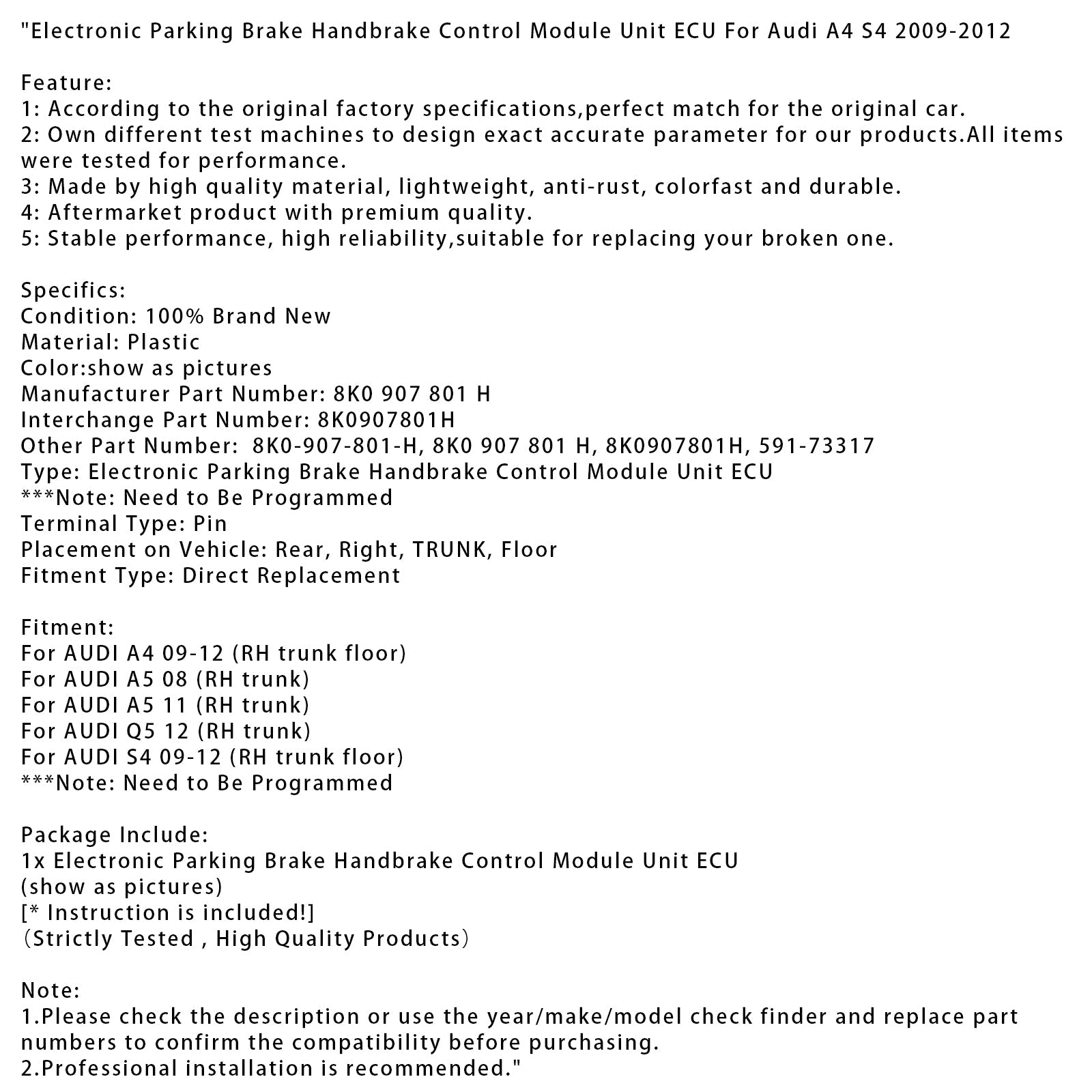 Electronic Parking Brake Handbrake Control Module Unit ECU For Audi A4 S4 09-12