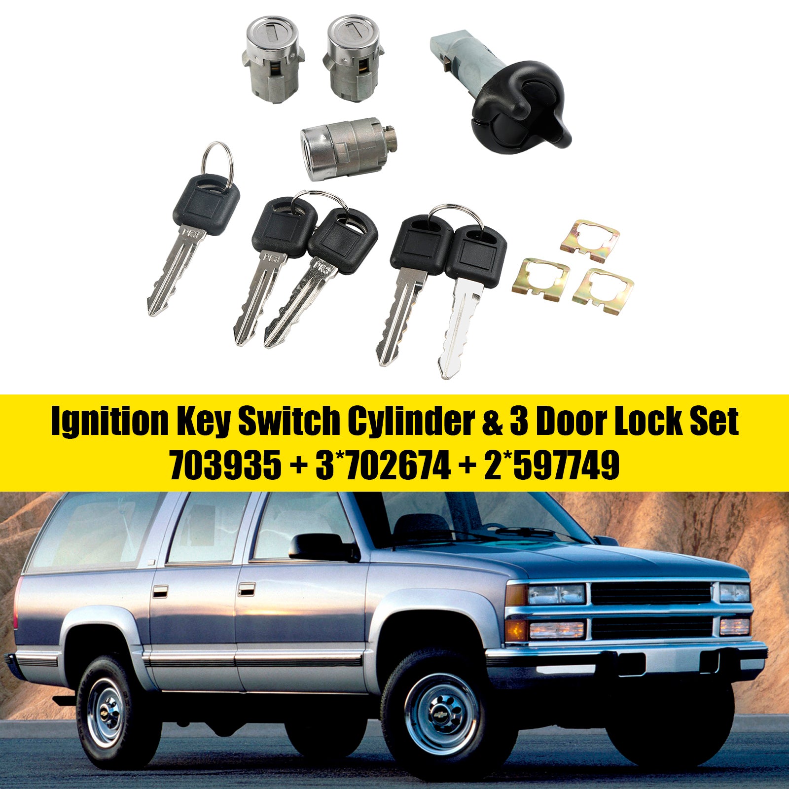 Ignition Key Switch Cylinder &amp; 3 Door Lock Set W/2 Keys For Suburban Tahoe 1998-1999