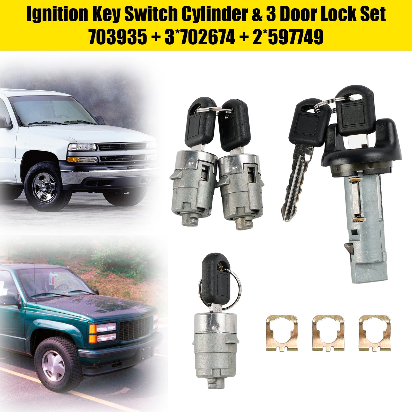 Ignition Key Switch Cylinder &amp; 3 Door Lock Set W/2 Keys For Suburban Tahoe 1998-1999