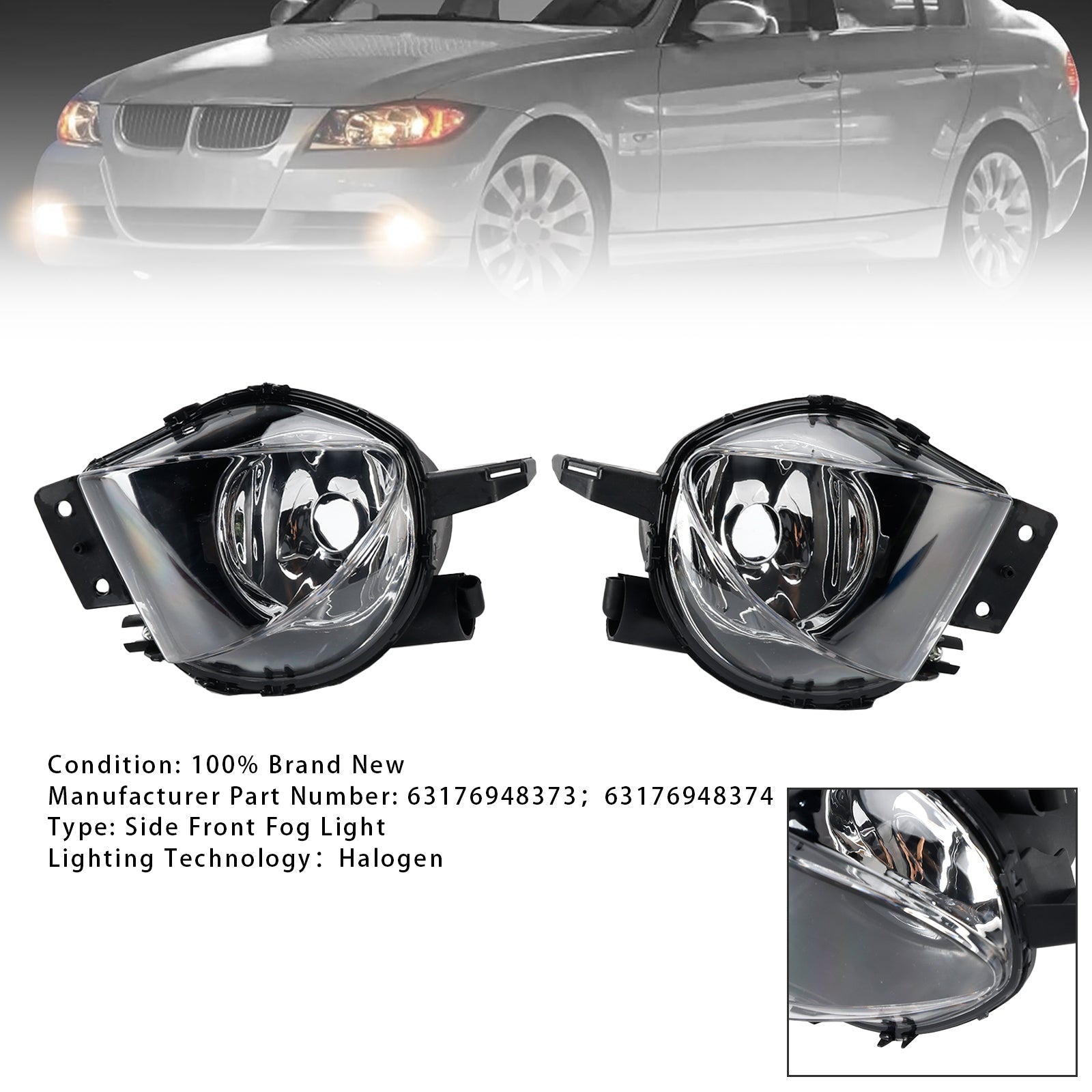 Pair Front Fog Light Lamps With Bulbs For  BMW E90 3-Serise  2006-2008