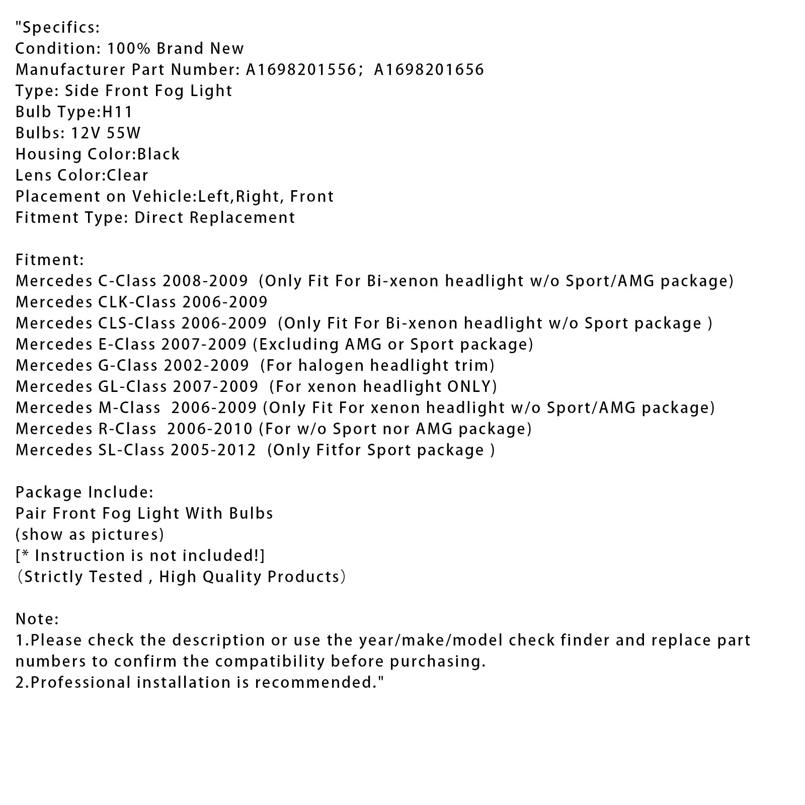 메르세데스 벤츠 W204 W211 W164 C219용 전구가 포함된 전면 안개등 램프 페어