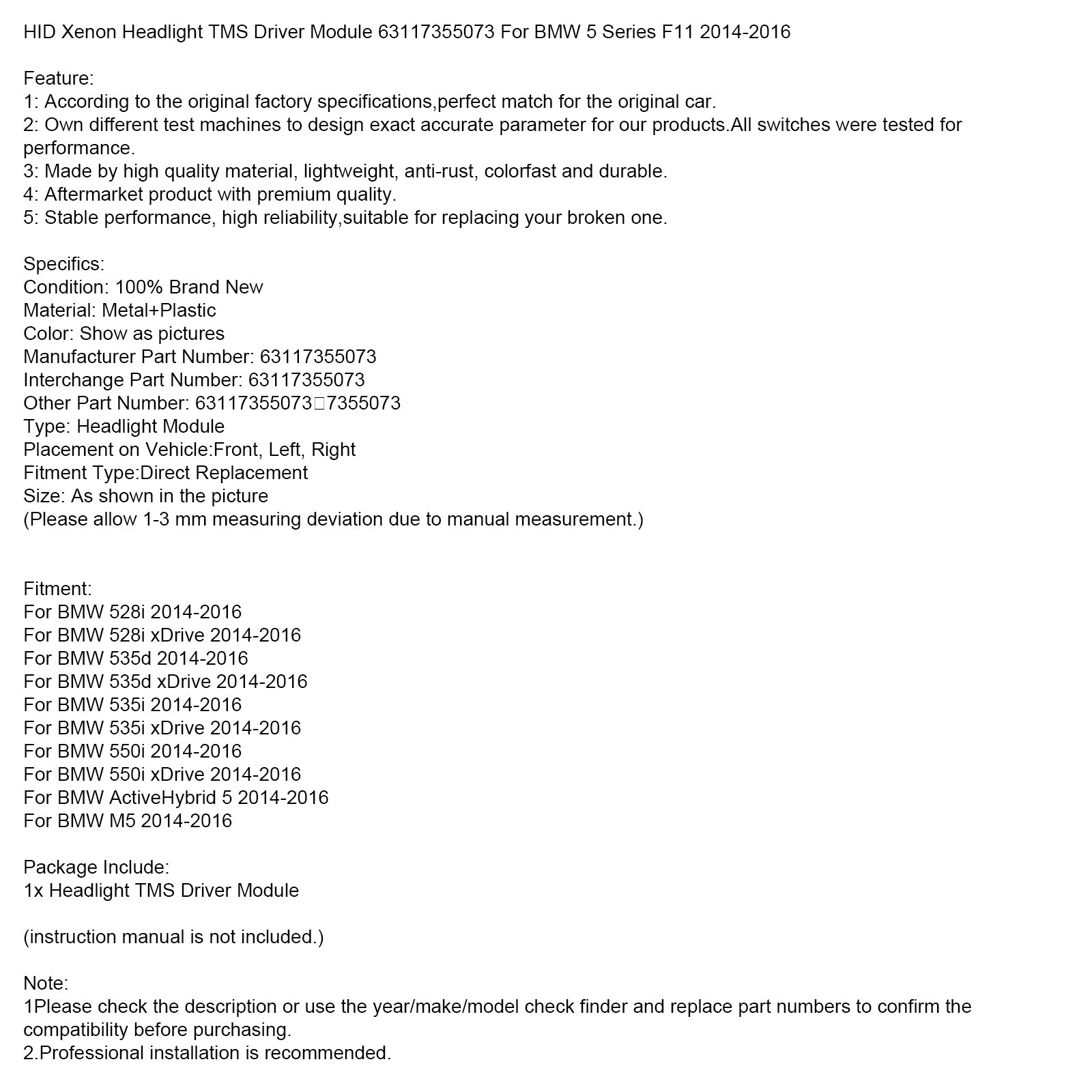 Xenon Headlight TMS Driver Module 63117316187 For BMW F10 F11 F07 X5 F15 F85<br data-mce-fragment="1">
