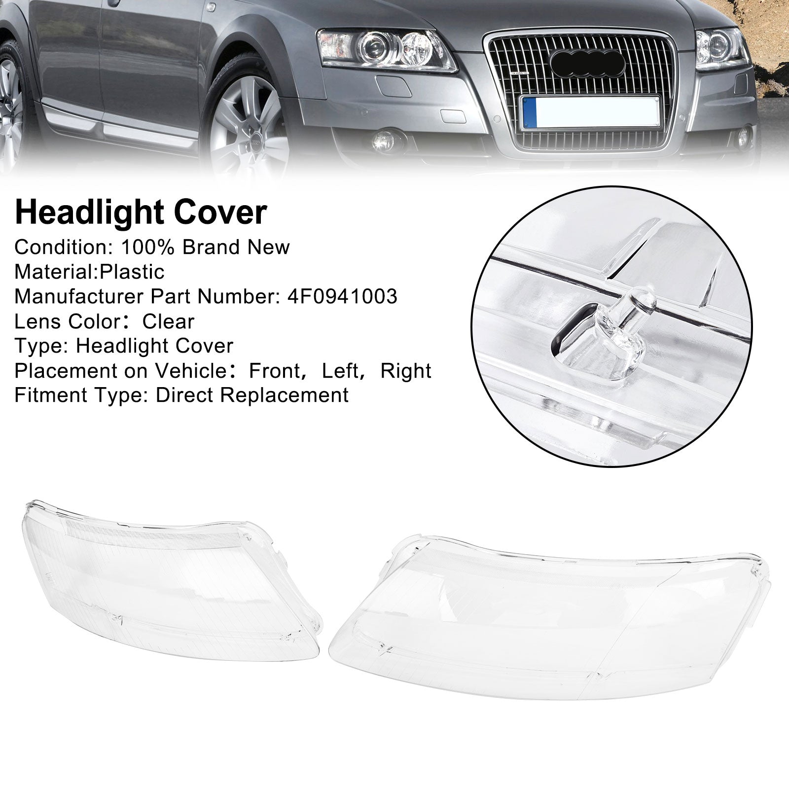 Audi A6 2006-2011 Left +Right Headlight Lens Plastic Cover Shell 4F0941003/04 Fedex Express