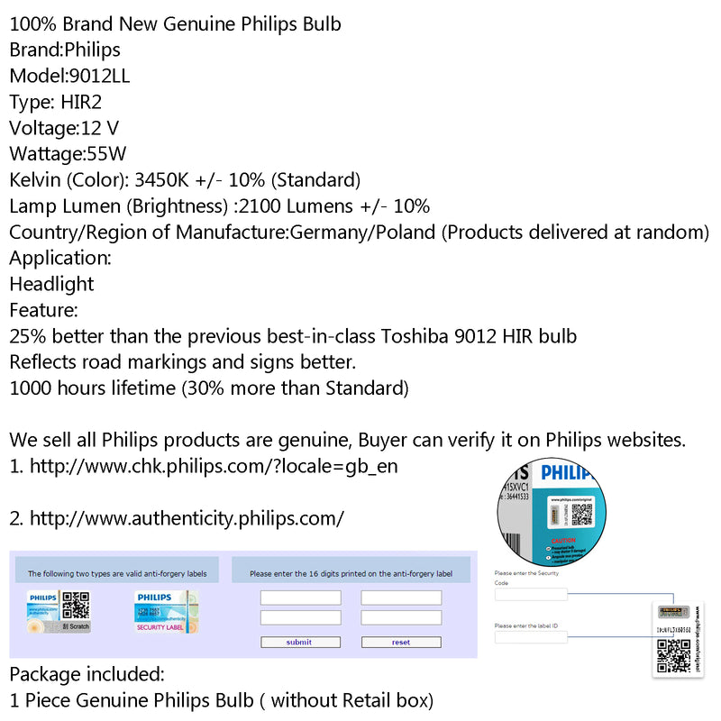 For Philips 9012LL/HIR2 X 1 Bulb 12V 55W Long Life Version High Performance Generic CA Market