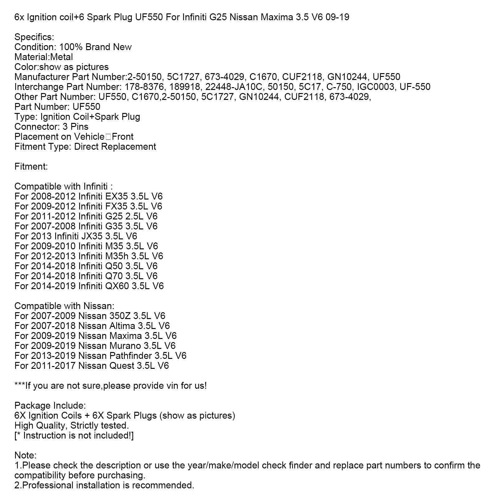 Infiniti G25 Nissan Maxima 3.5 V6 09-19 6 Ignition coil+6 Spark Plug UF550 Fedex Express