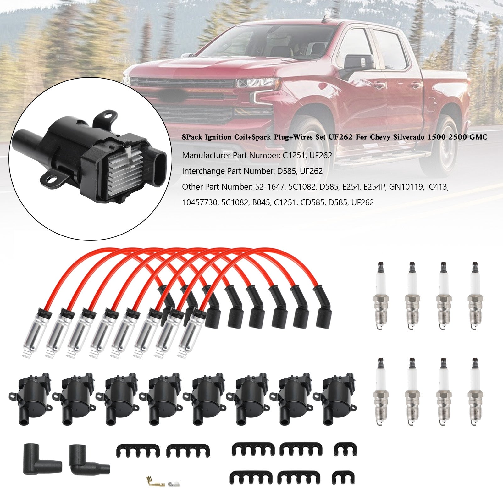 1999-2007 Silverado Sierra 1500 4.8L 5.3L 8Pack Ignition Coil+Spark Plug+Wires Set UF262