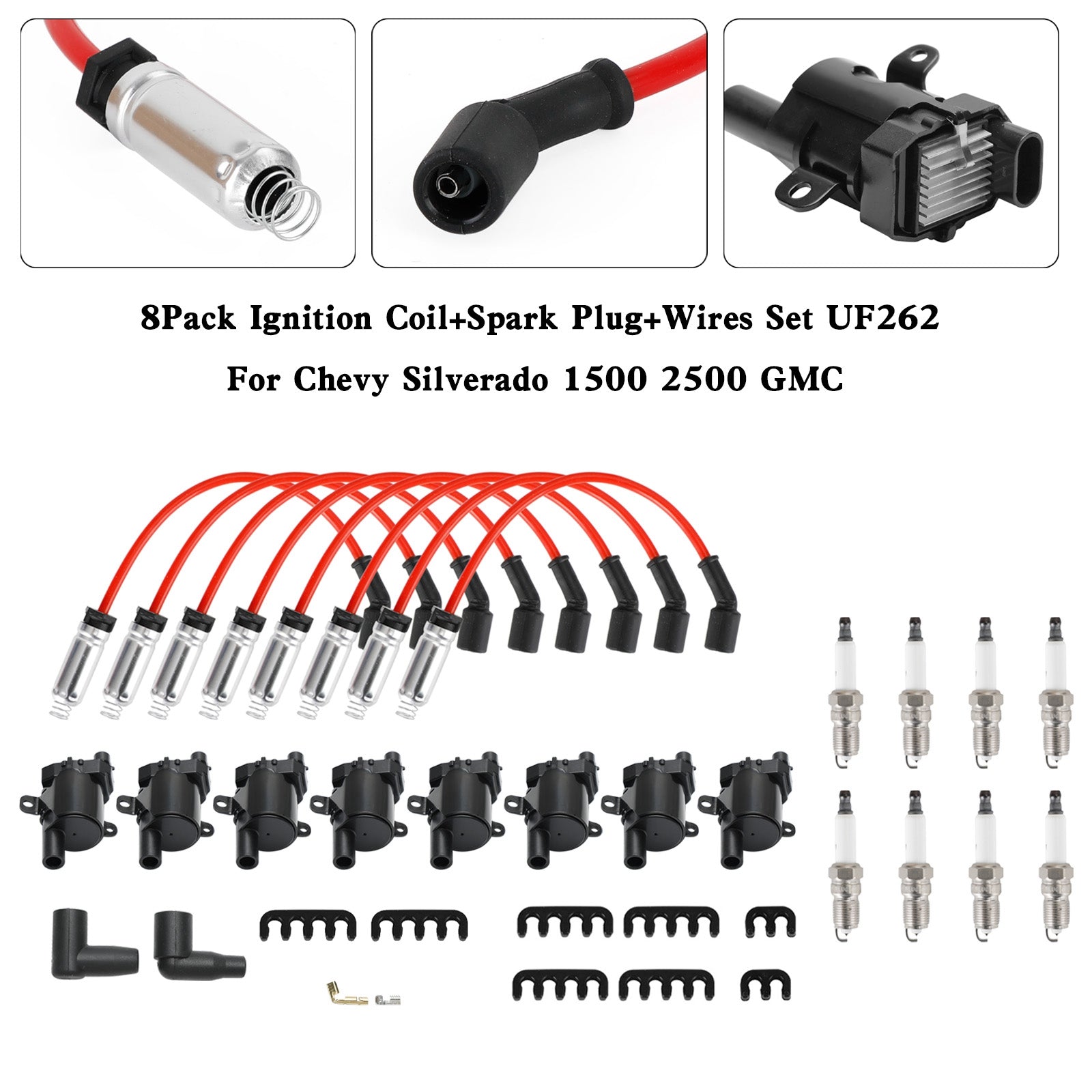 1999-2007 Silverado Sierra 1500 4.8L 5.3L 8Pack Ignition Coil+Spark Plug+Wires Set UF262