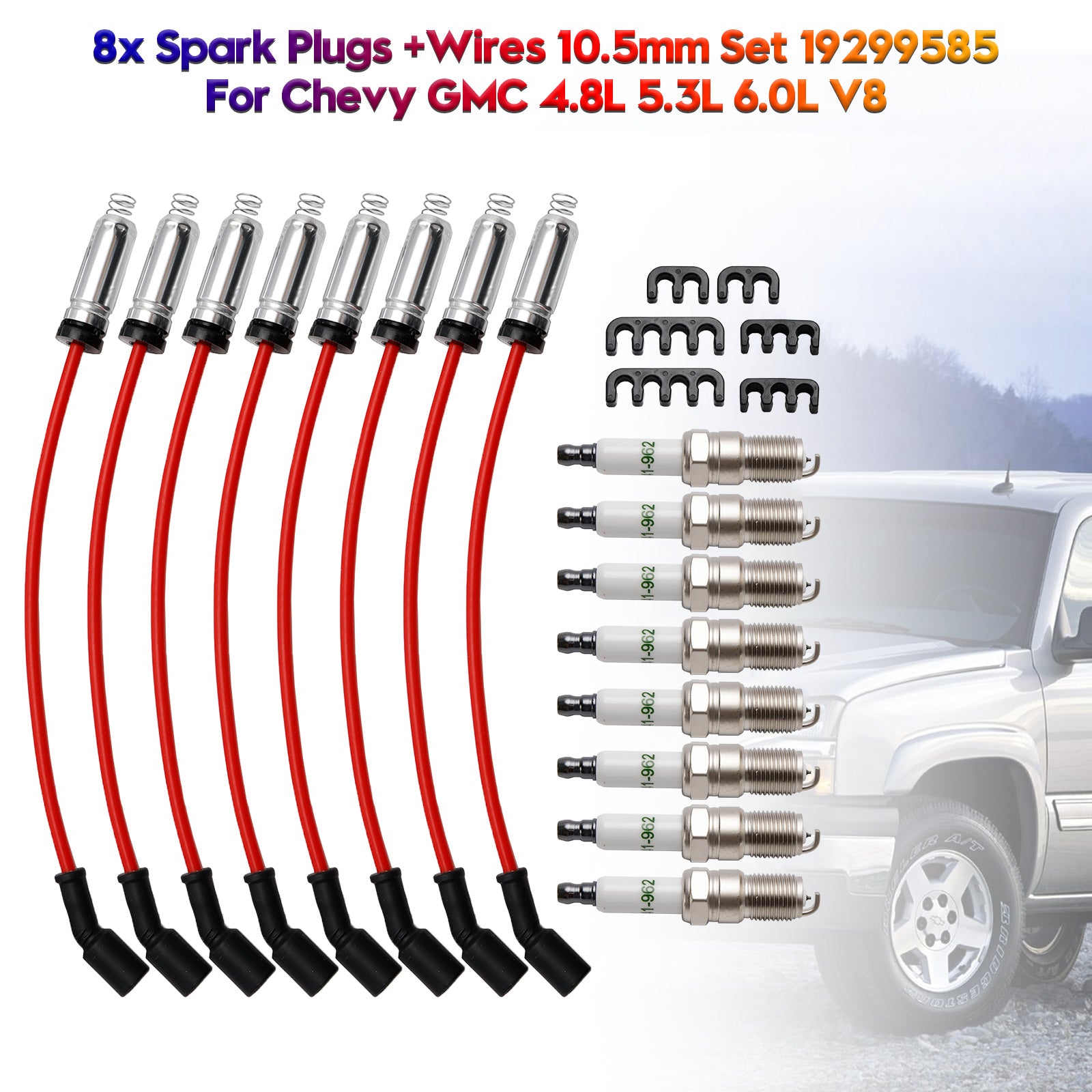 8x Spark Plugs +Wires 10.5mm Set 19299585 For Chevrolet GMC 4.8L 5.3L 6.0L V8