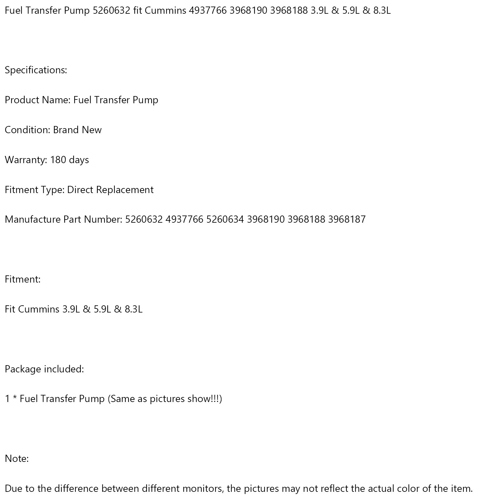 Fuel Transfer Pump 5260632 fit Cummins 4937766 3968190 3968188 3.9L & 5.9L& 8.3L Generic