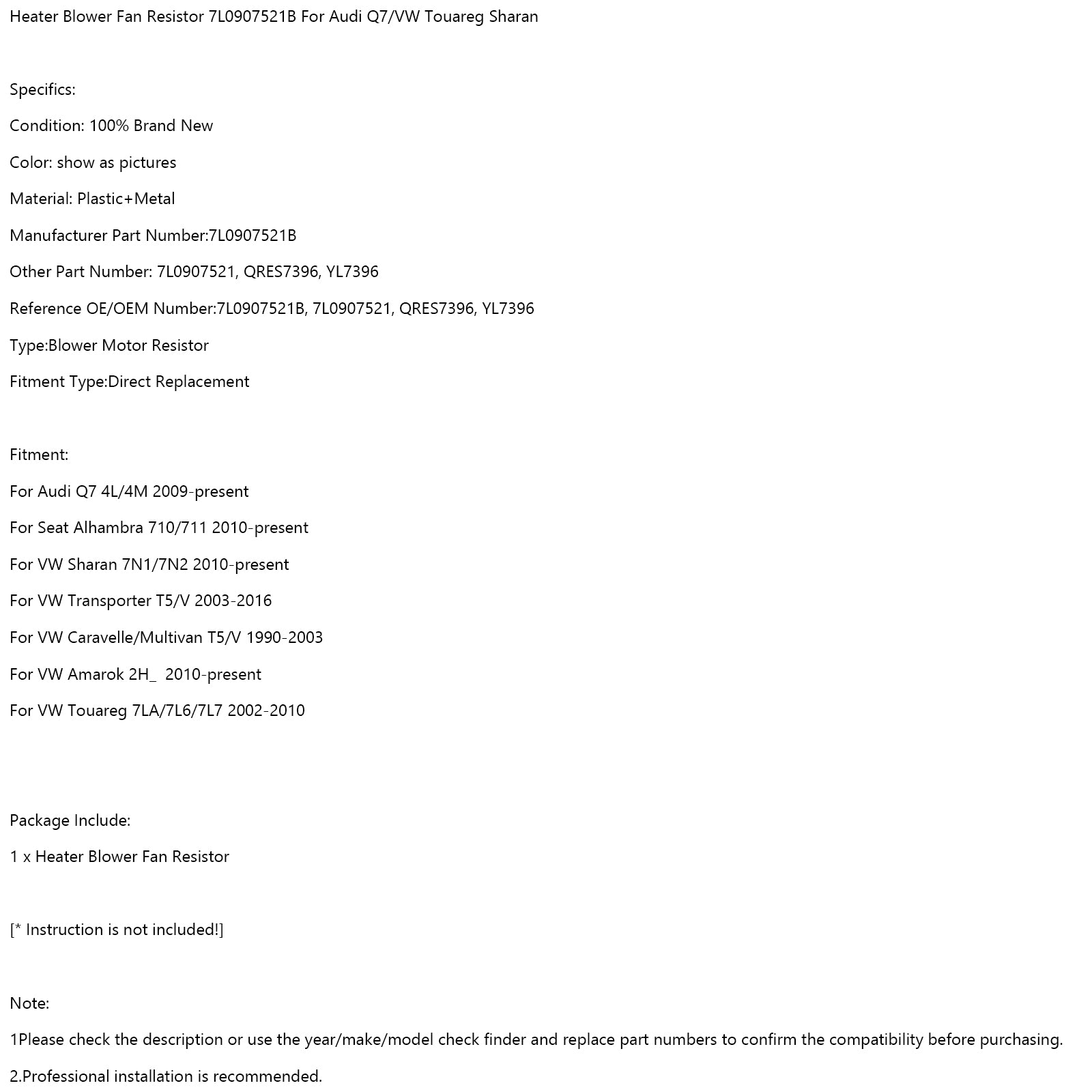 Heater Blower Fan Resistor 7L0907521B For Audi Q7/VW Touareg Sharan Generic