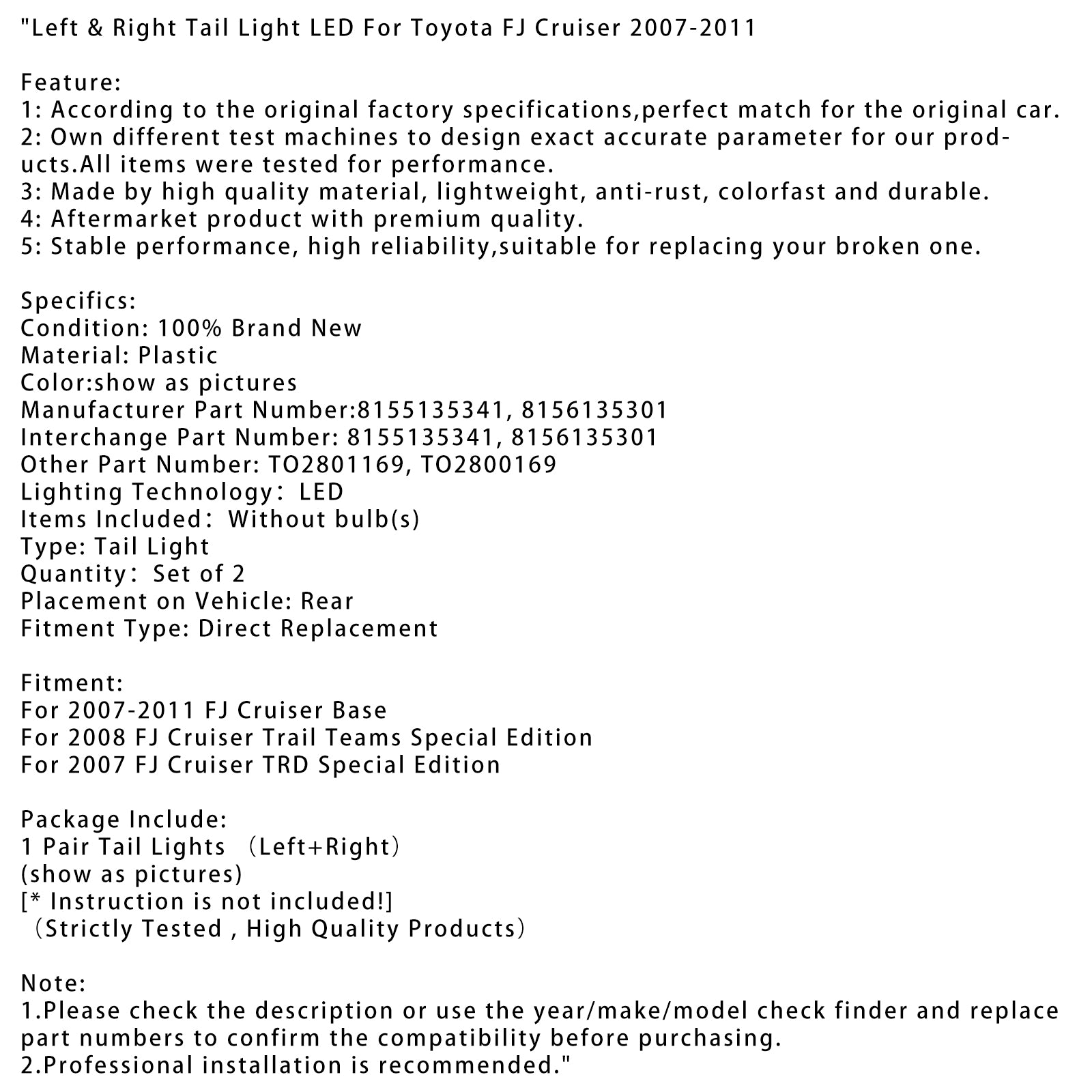 Left & Right Tail Light LED For Toyota FJ Cruiser 2007-2011 8155135341 8156135301 TO2800169