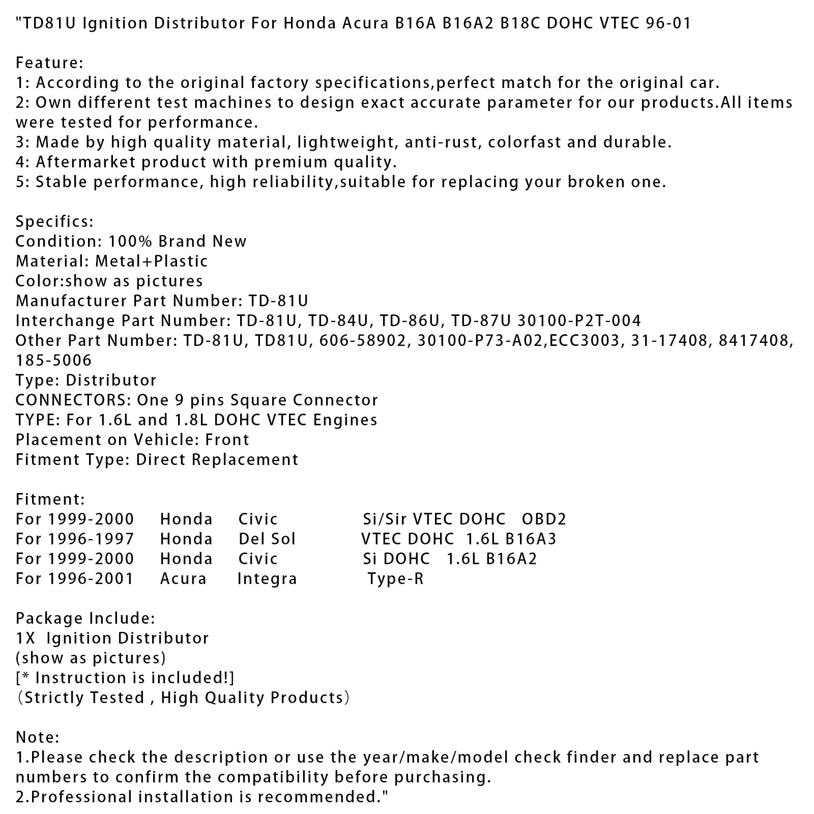 1996-2001 Acura Integra Type-R Ignition Distributor TD81U