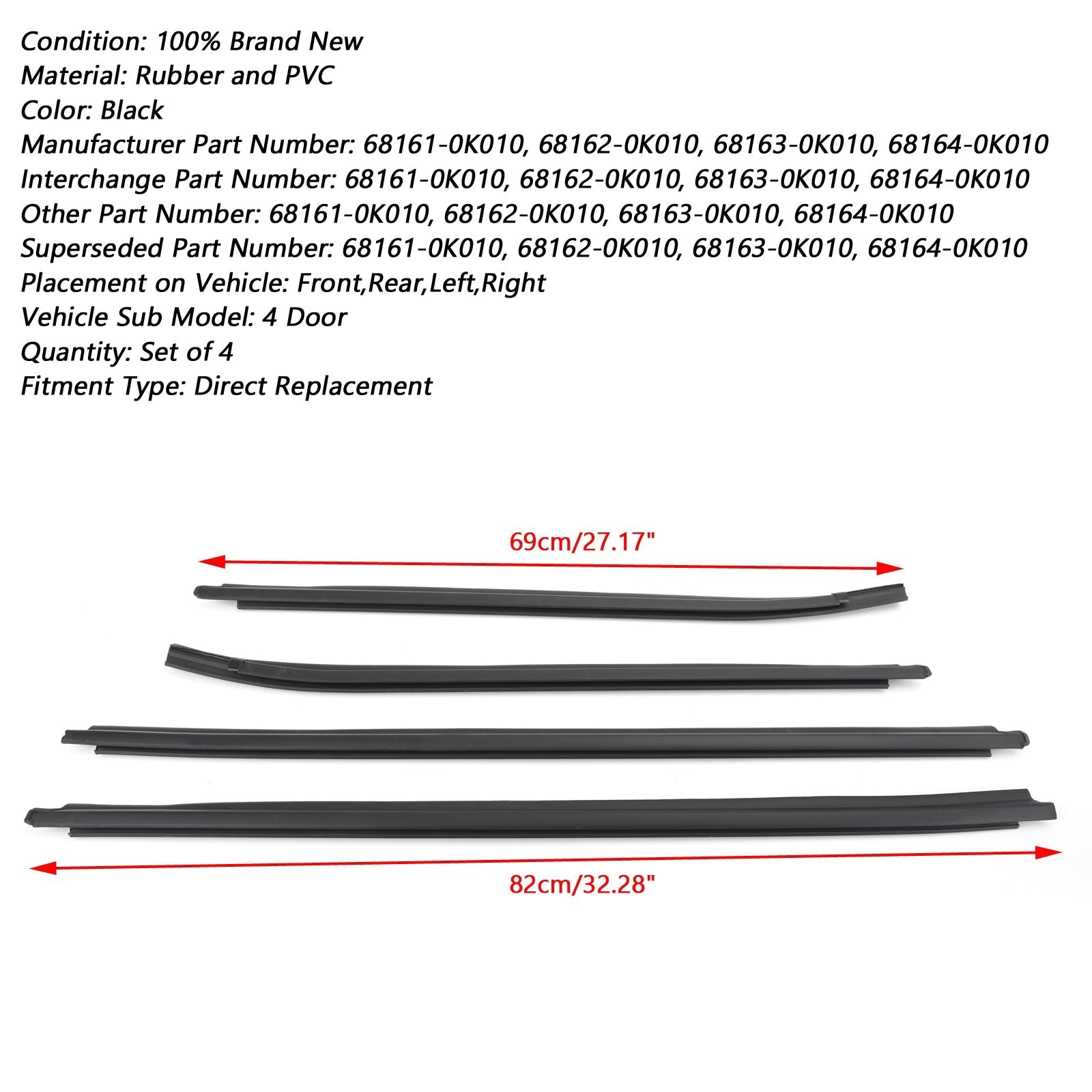 Toyota Hilux KUN26 KUN36 GGN25 TGN16 TGN36 Weatherstrip 4 Door Rubber Seal 68162-0K010