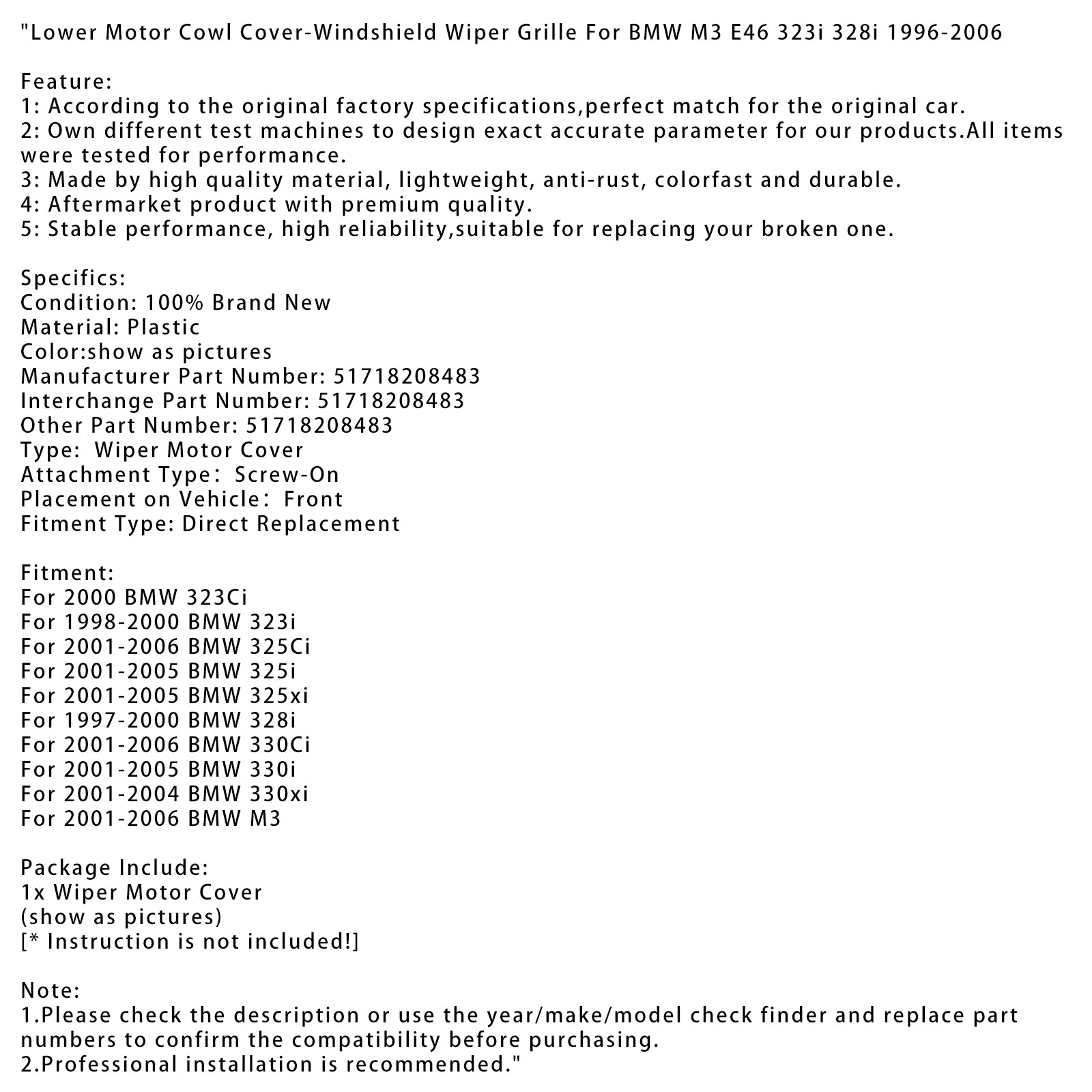 BMW M3 E46 323I 328I 96-2006 용 하단 모터 카울 커버 윈드 실드 와이퍼 그릴