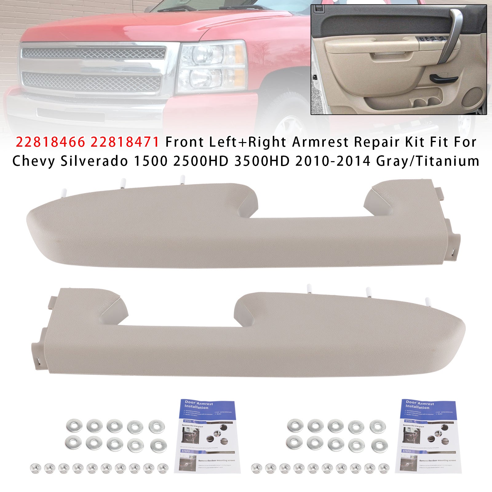 Front Armrest Repair Kit Fit For Chevy Silverado 1500 2500HD 3500HD 10-2014 Gray