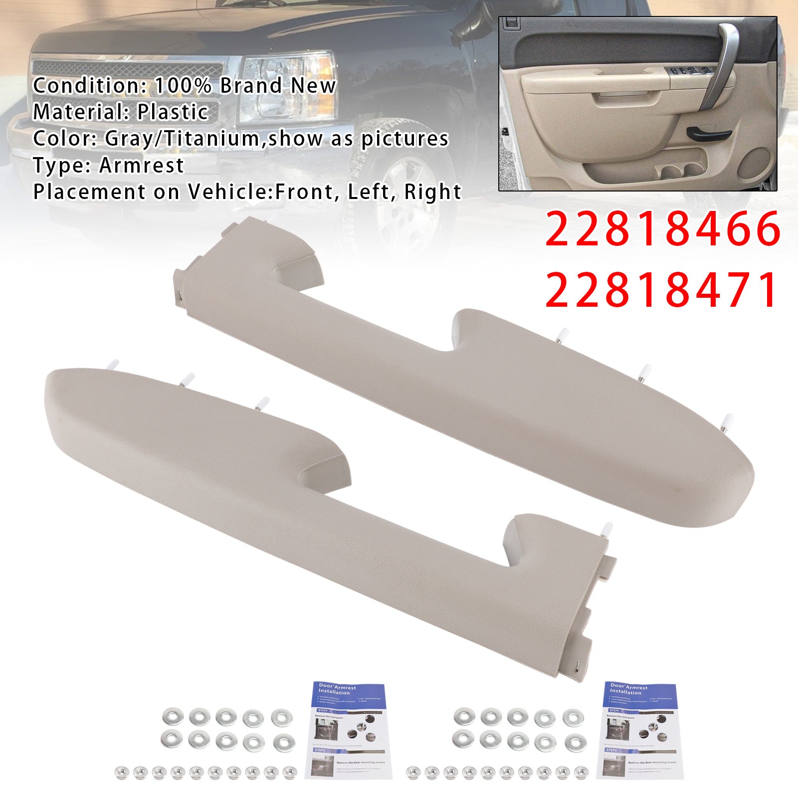 Front Armrest Repair Kit Fit For Chevy Silverado 1500 2500HD 3500HD 10-2014 Gray