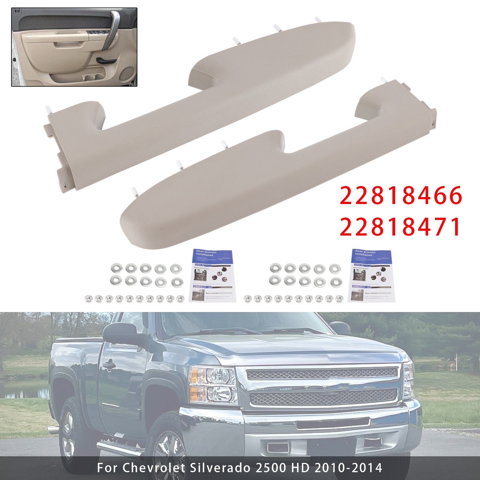 Front Armrest Repair Kit Fit For Chevy Silverado 1500 2500HD 3500HD 10-2014 Gray