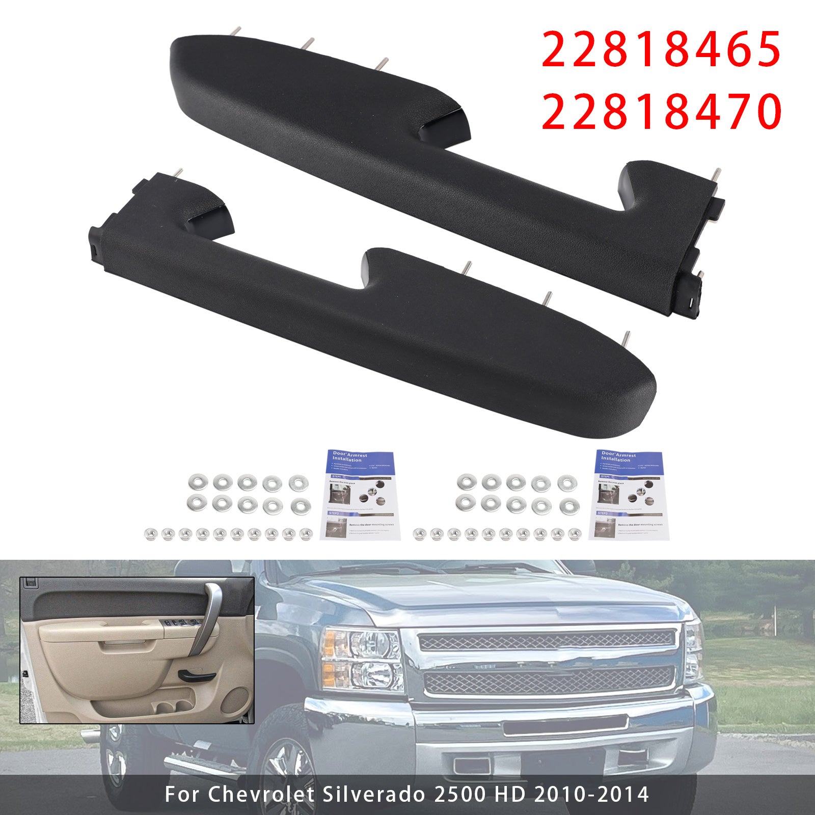Front Armrest Repair Kit For Chevy Silverado 1500 2500HD 3500HD 2010-2014 Black