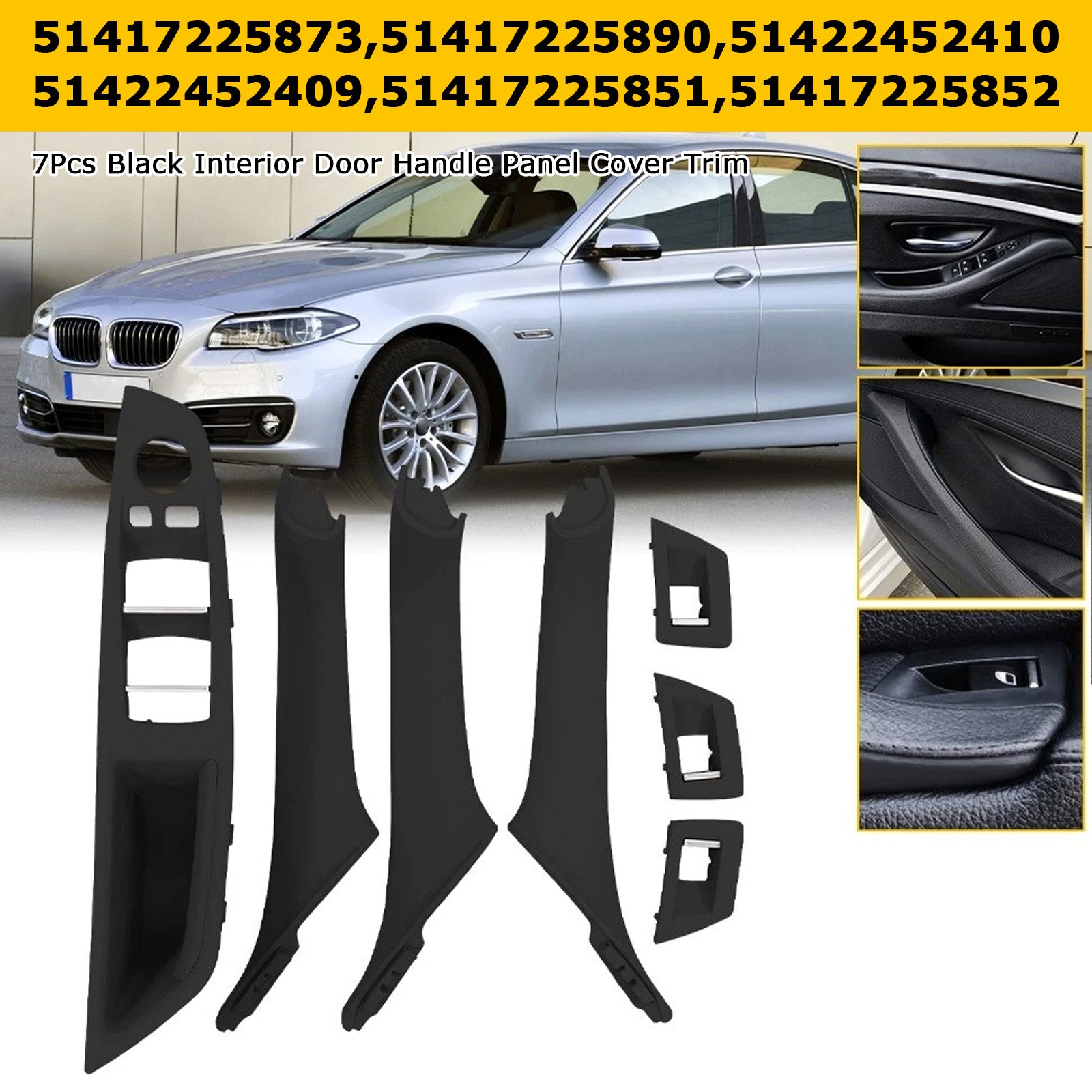 7x Black Inner Door Panel Handle Pull Trim Cover For BMW 5 Series F10 F11 10-16