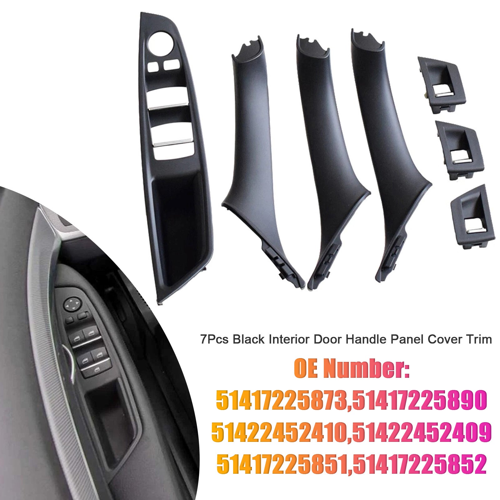 7x Black Inner Door Panel Handle Pull Trim Cover For BMW 5 Series F10 F11 10-16