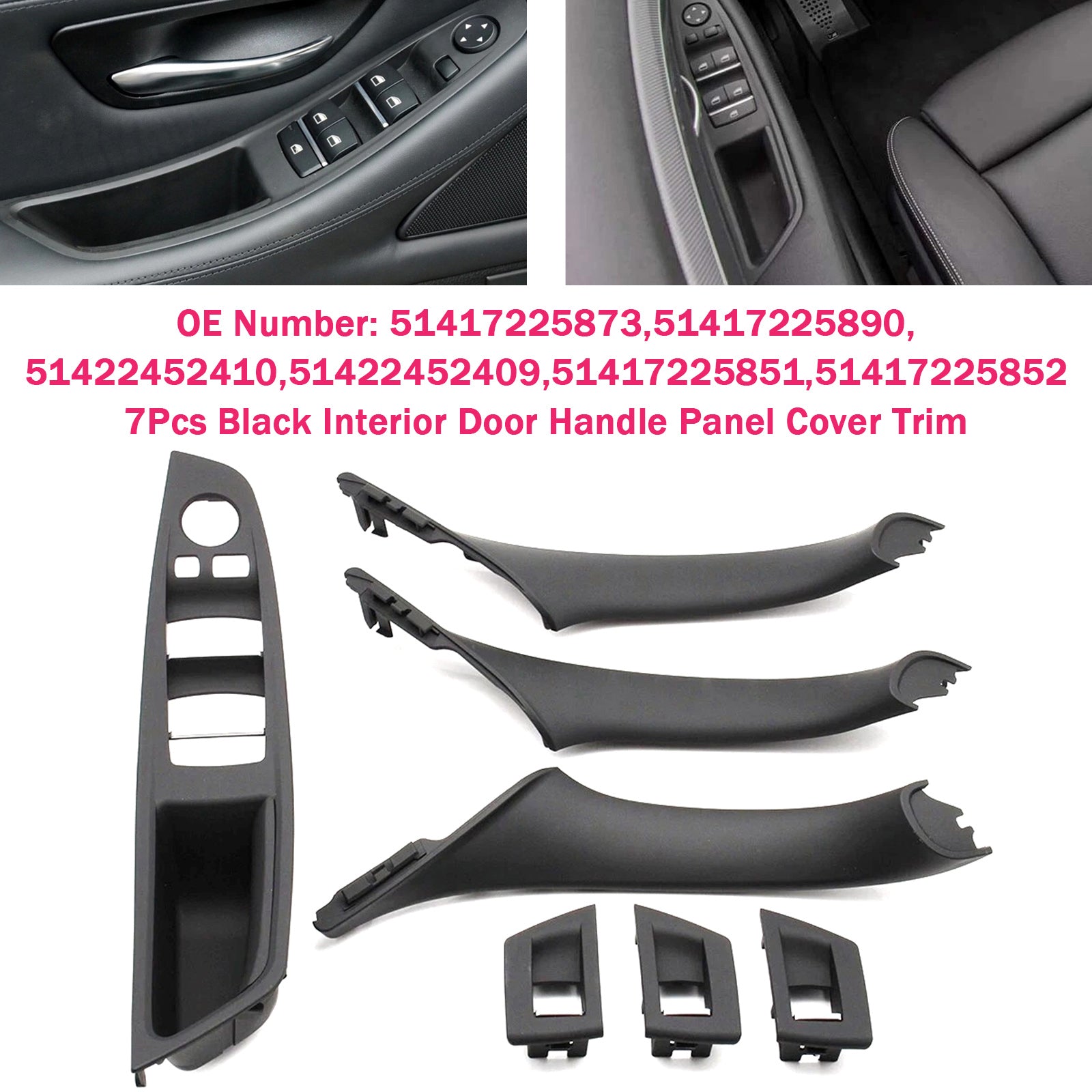 7x Black Inner Door Panel Handle Pull Trim Cover For BMW 5 Series F10 F11 10-16