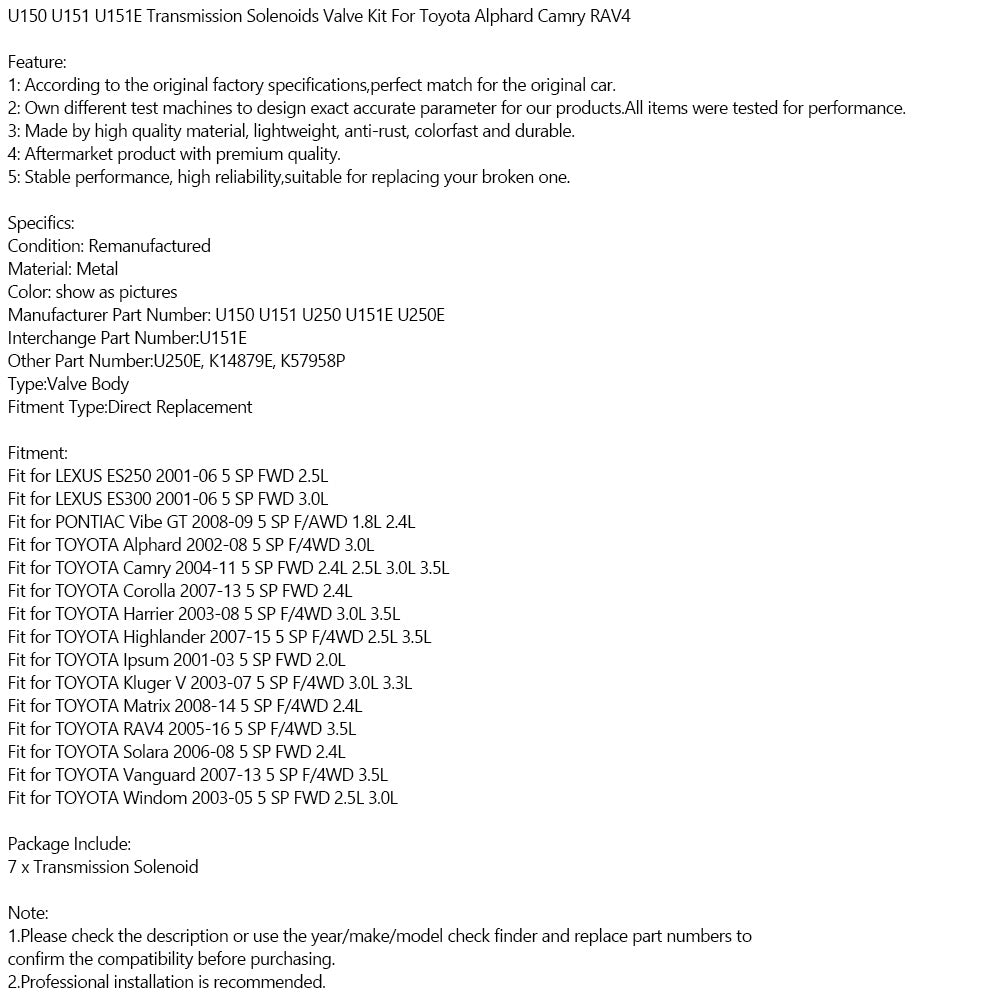 Toyota Alphard Camry RAV4  U150 U151 U151E Transmission Solenoids Valve Kit