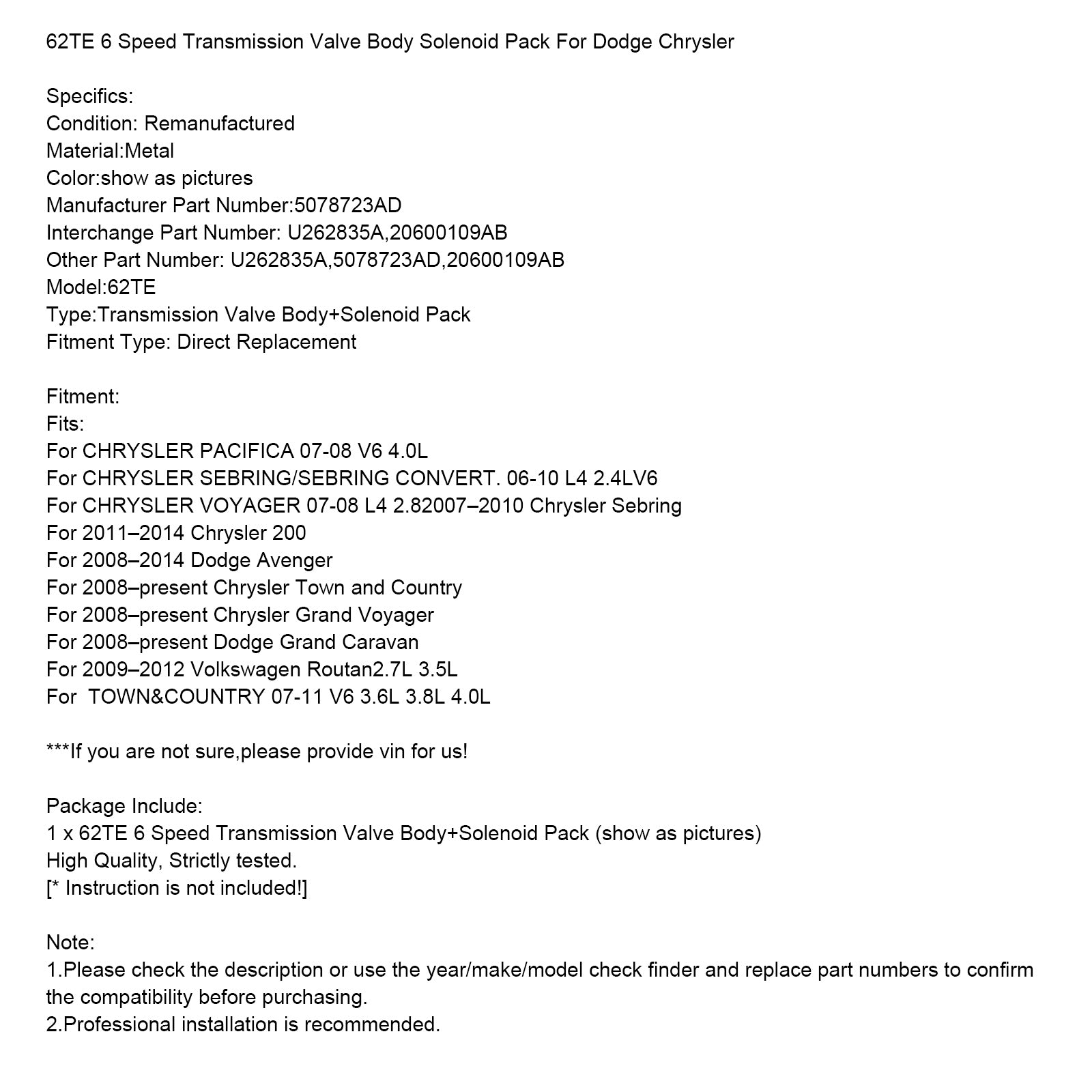 2006-2010 Chrysler Sebring/Sebring Convert 62TE 6 Speed Transmission Valve Body Solenoid Pack