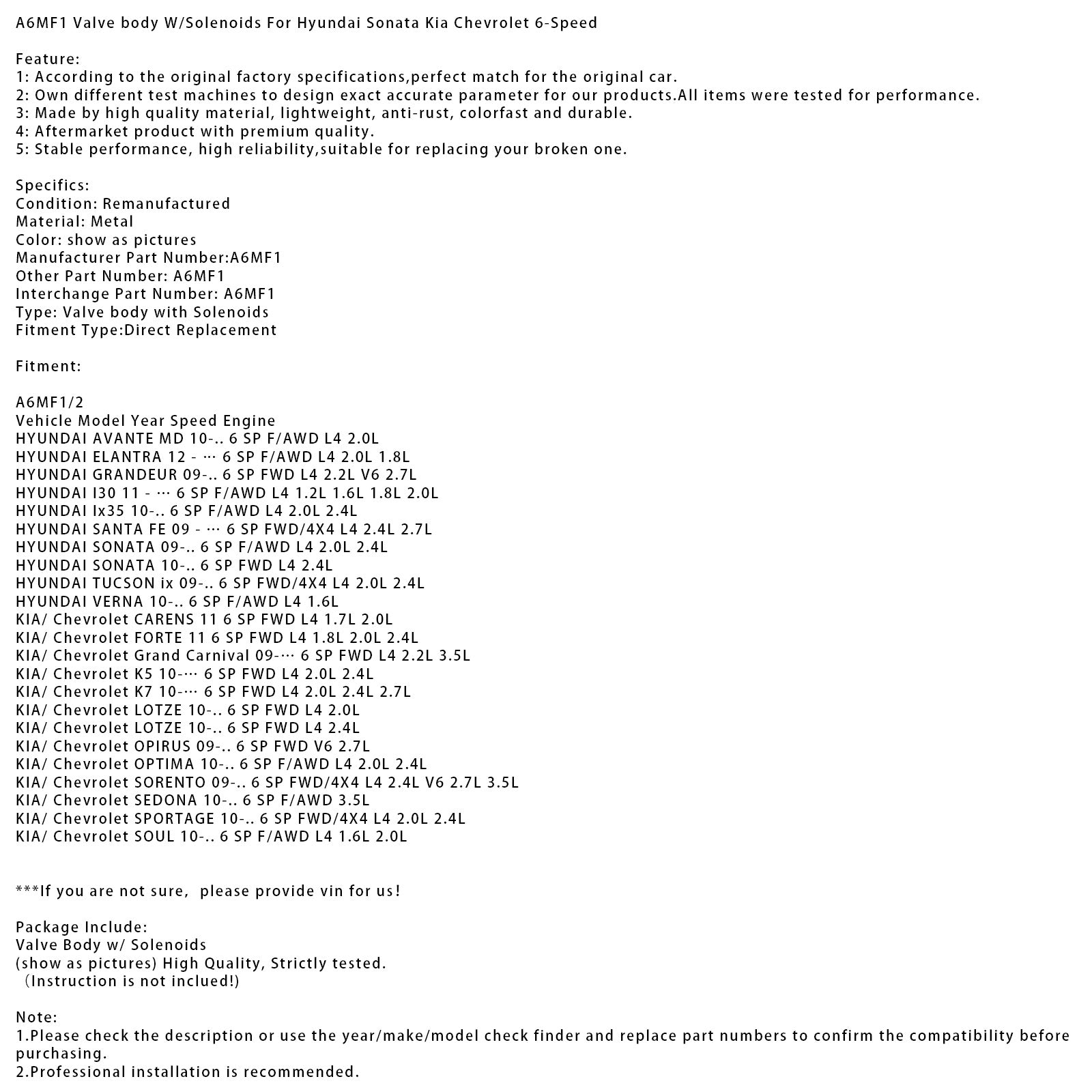 A6MF1 A6LF1/2/3 Valve body W/Solenoids For Hyundai Sonata Kia Chevrolet 6-Speed