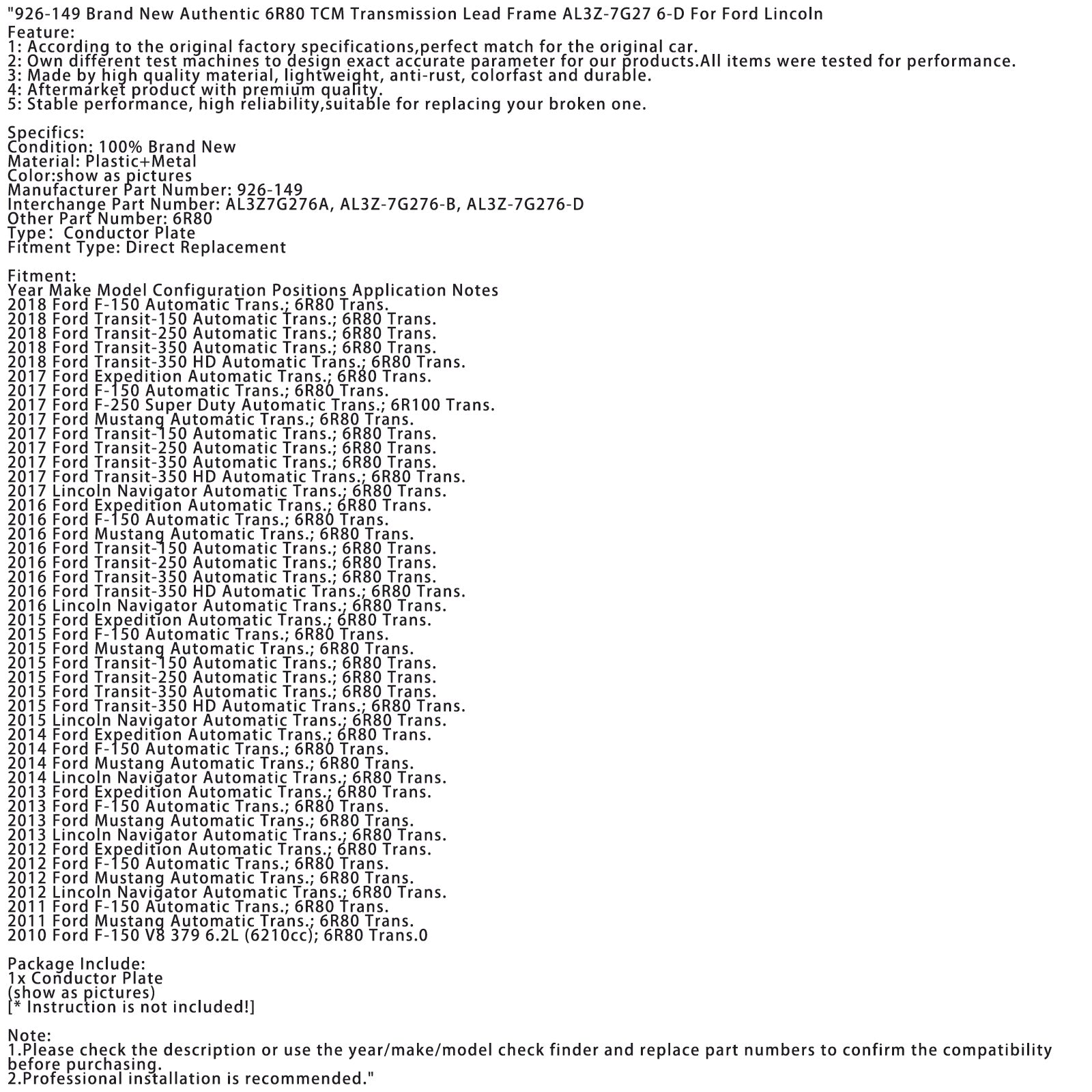 2015-2017 Ford Transit-150 250 350 Automatic Trans 926-149 Brand New Authentic 6R80 TCM Transmission Lead Frame