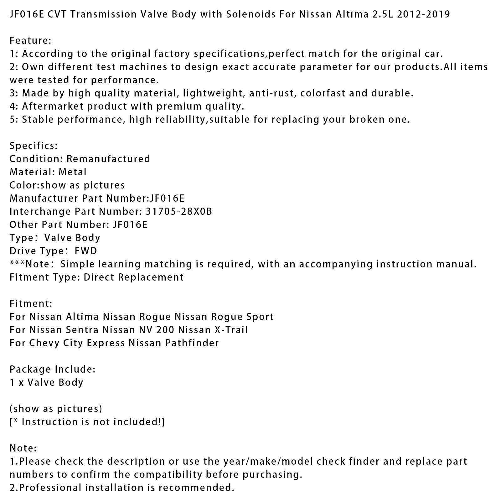 JF016E CVT Transmission Valve Body with Solenoids For Nissan Altima 2.5L 12-2019