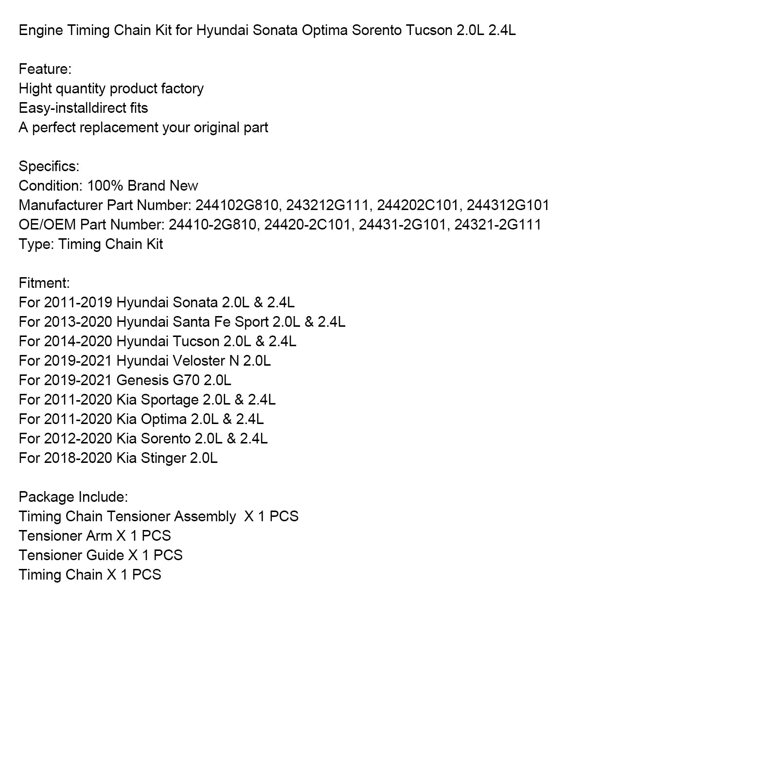 Hyundai Sonata Optima Sorento Tucson 2.0L 2.4L Engine Timing Chain Kit