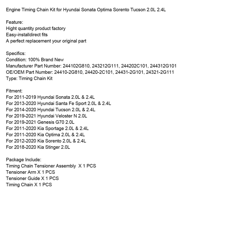 Kit de cadena de distribución del motor Hyundai Sonata Optima Sorento Tucson 2.0L 2.4L