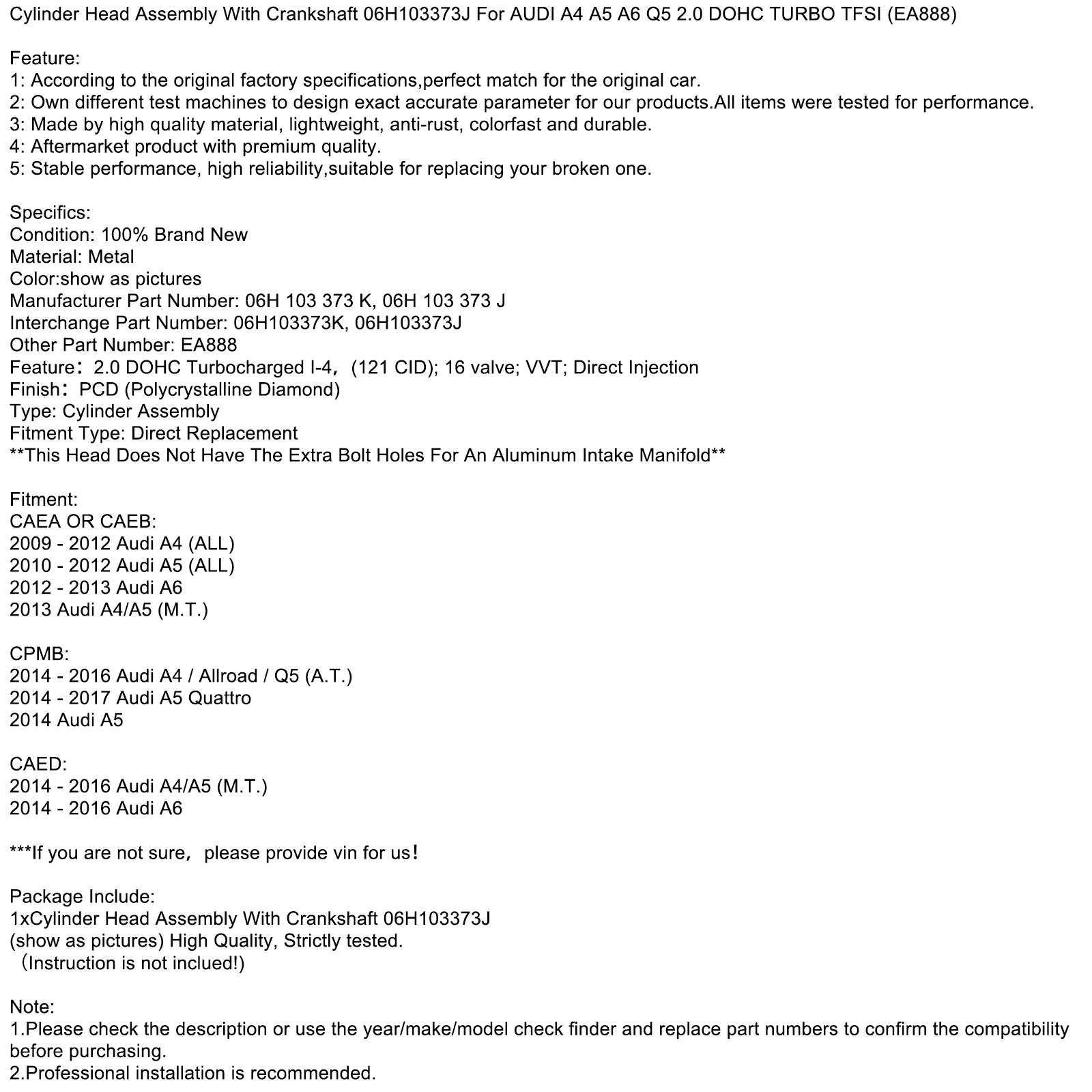06H103373J Cylinder Head Assembly Crankshaft For AUDI A4 A5 A6 Q5 2.0 DOHC TFSI (EA888)
