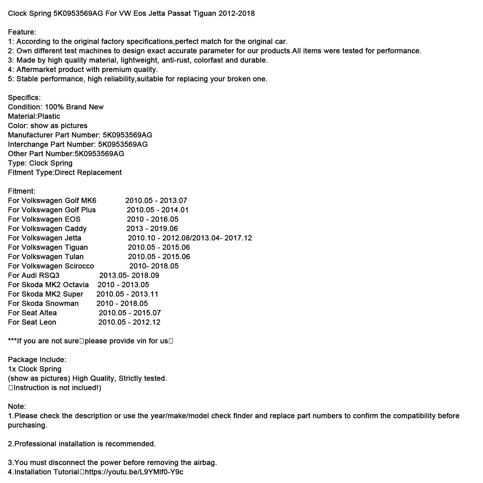 Clock Spring 5K0953569AG For VW Eos Jetta Passat Tiguan 2012-2018