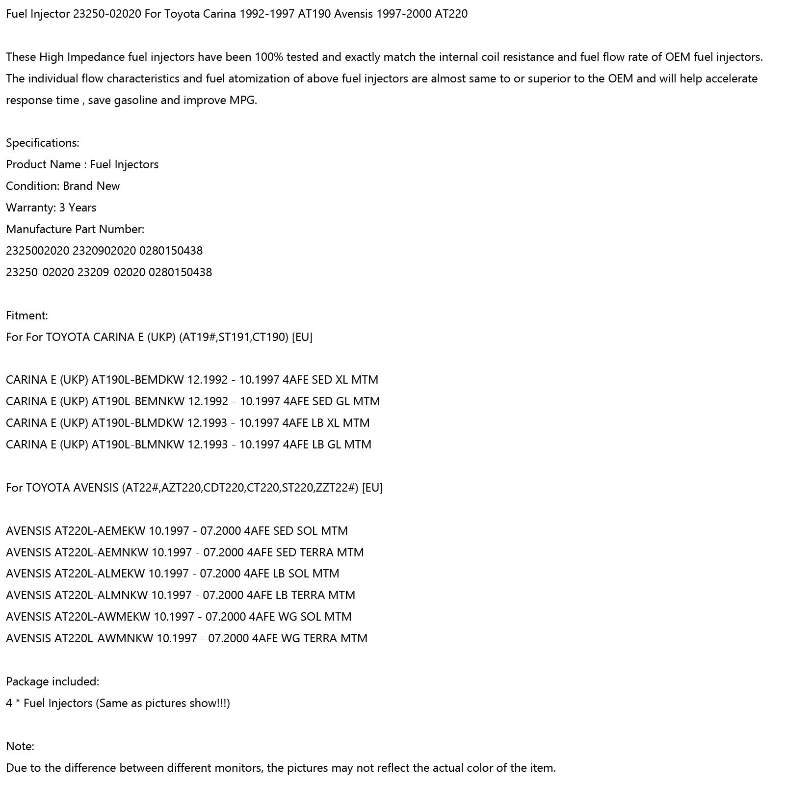 4pcs Fuel Injectors 23250-02020 Fit Toyota Carina 92-97 AT190 Avensis 97-00 Generic