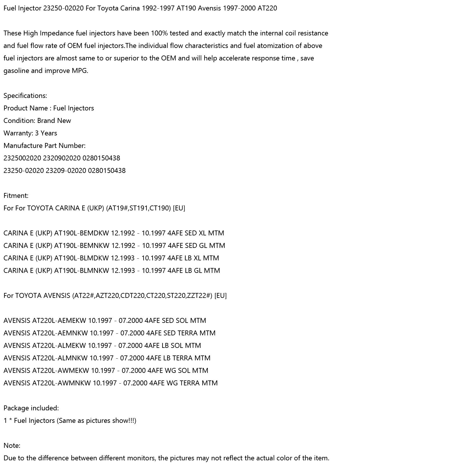 1pcs Fuel Injectors 23250-02020 Fit Toyota Carina 92-97 AT190 Avensis 97-00 Generic