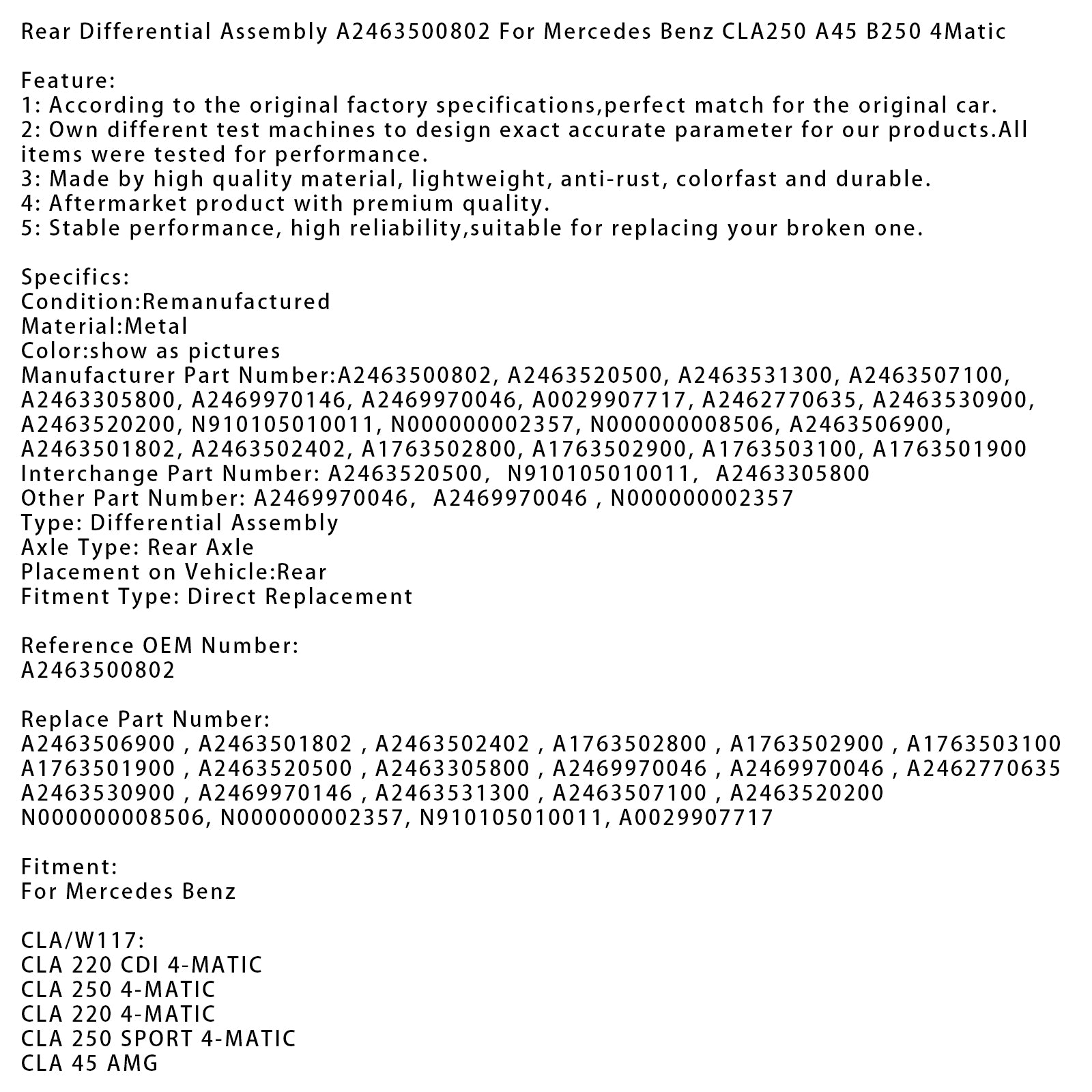 A2463500802 Rear Differential Assembly For Mercedes Benz CLA250 A45 B250 4Matic