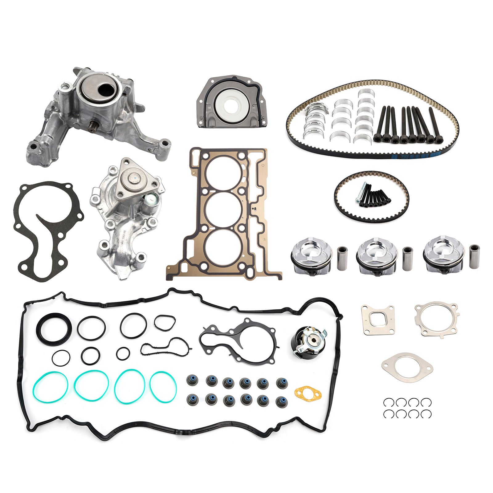 Full Engine Rebuild Kit for Ford Focus Fiesta EcoSport 1.0 Ecoboost - Includes Pistons, Gasket Set, Bearings, Timing Belt, Water Pump, Oil Pump, Head Bolts, Rings, Tensioner