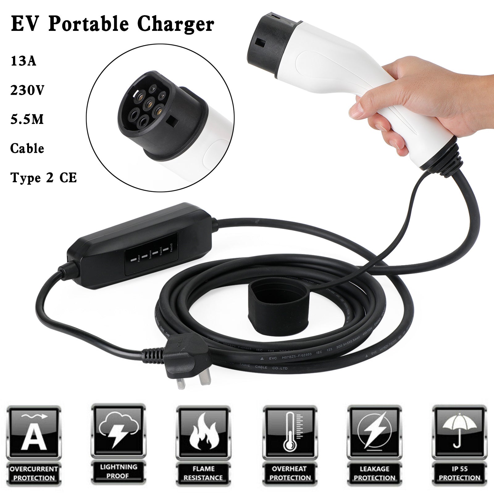 Protable 13A EV Charging Cable Type 2 UK Plug 3 Pin Electric Car Charger 5.5M