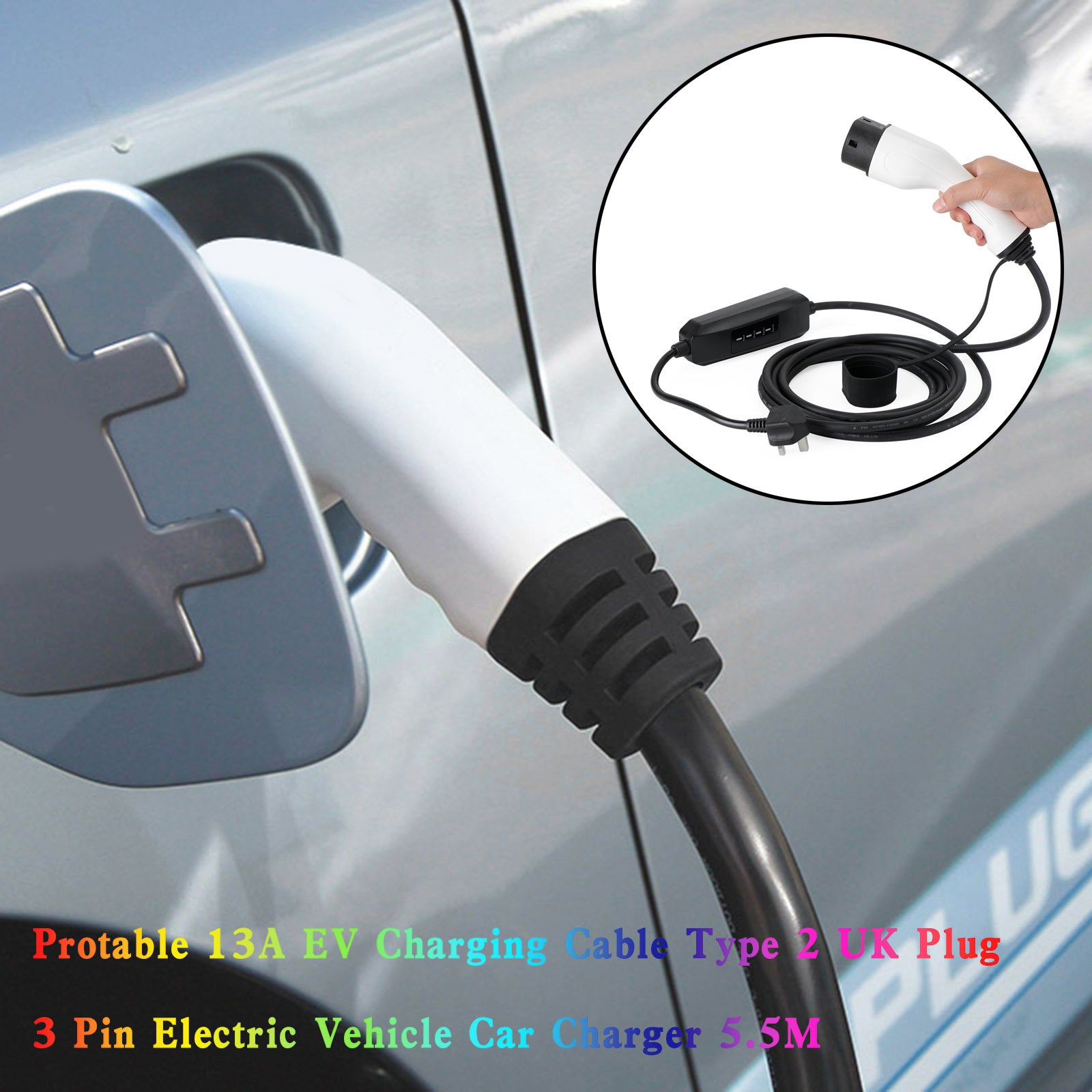 Protable 13A EV Charging Cable Type 2 UK Plug 3 Pin Electric Car Charger 5.5M