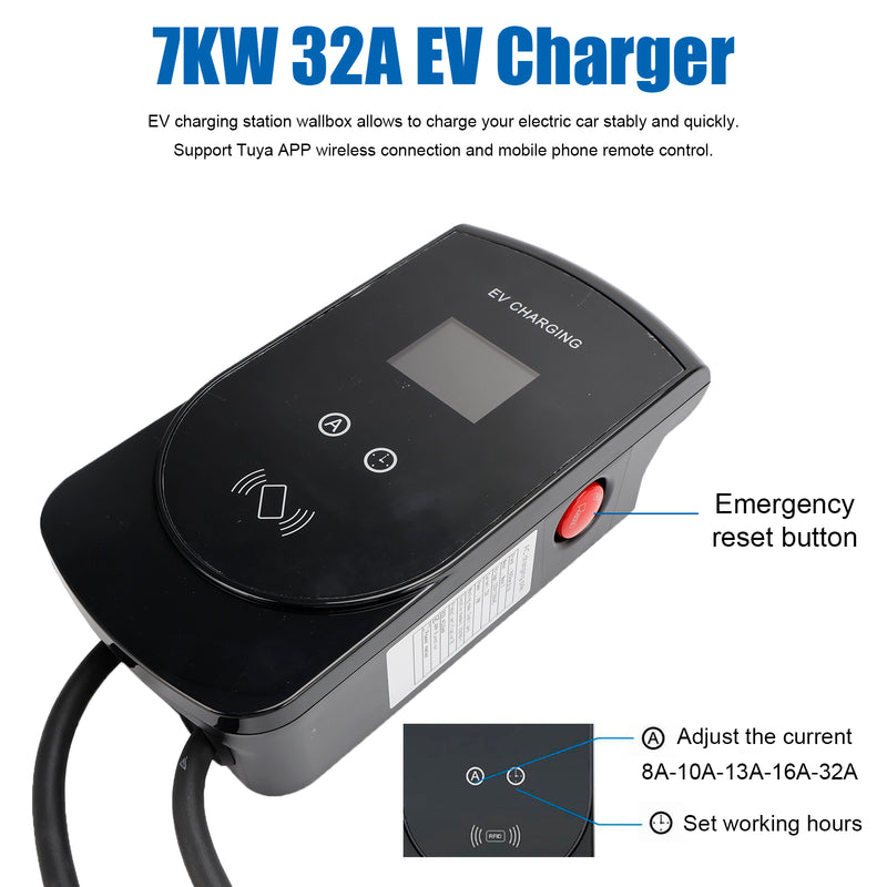 7KW 32A EV Charger Type 2 Plug Home Electric Vehicle Charging Station Wallbox 28FT