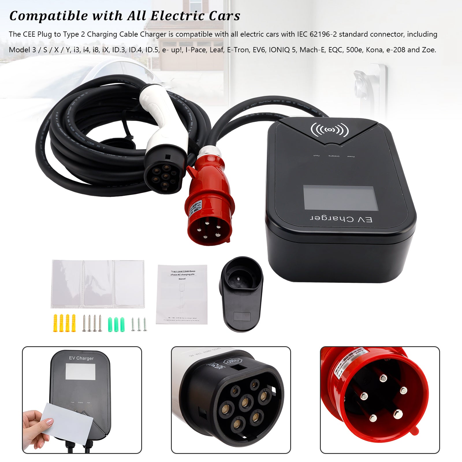Cargador EV, caja de pared de carga, unidad de enchufe rápido EV WallBox 32A 22KW Type2 IP65