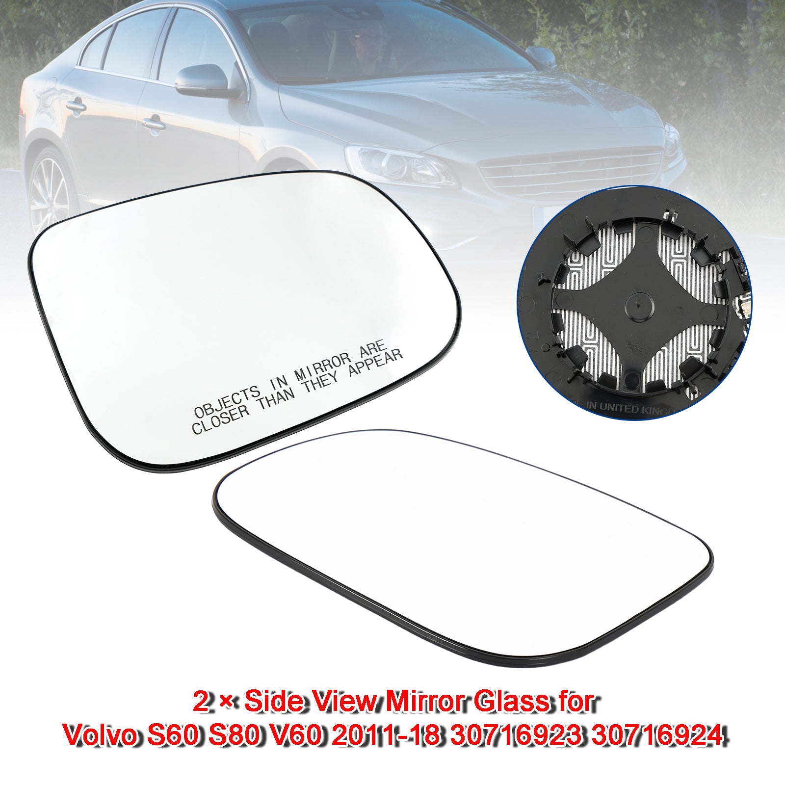 2 ?? Side View Mirror Glass for Volvo S60 S80 V60 2011-18 30716923 30716924